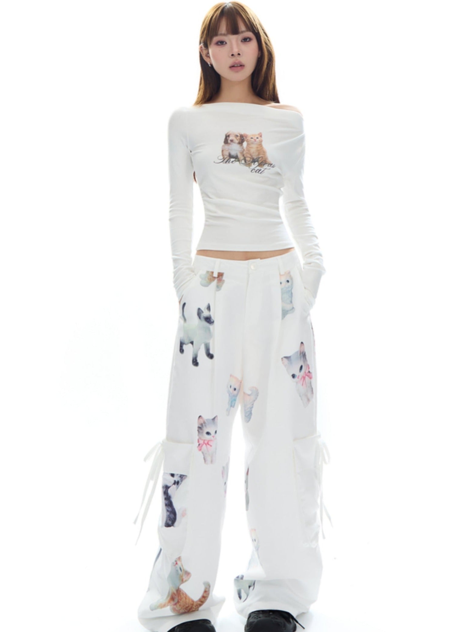 Kawaii Kitten Print Wide-Leg Lounge Pants