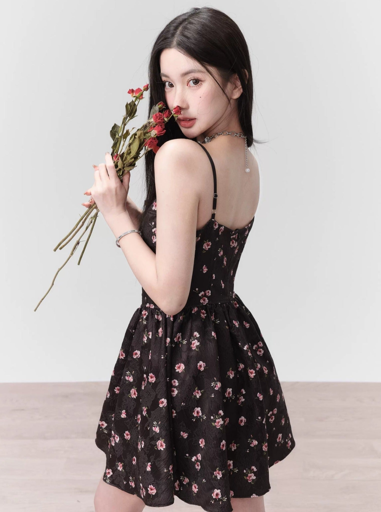 Floral Lace-Trim Spaghetti Strap Mini Dress in Black