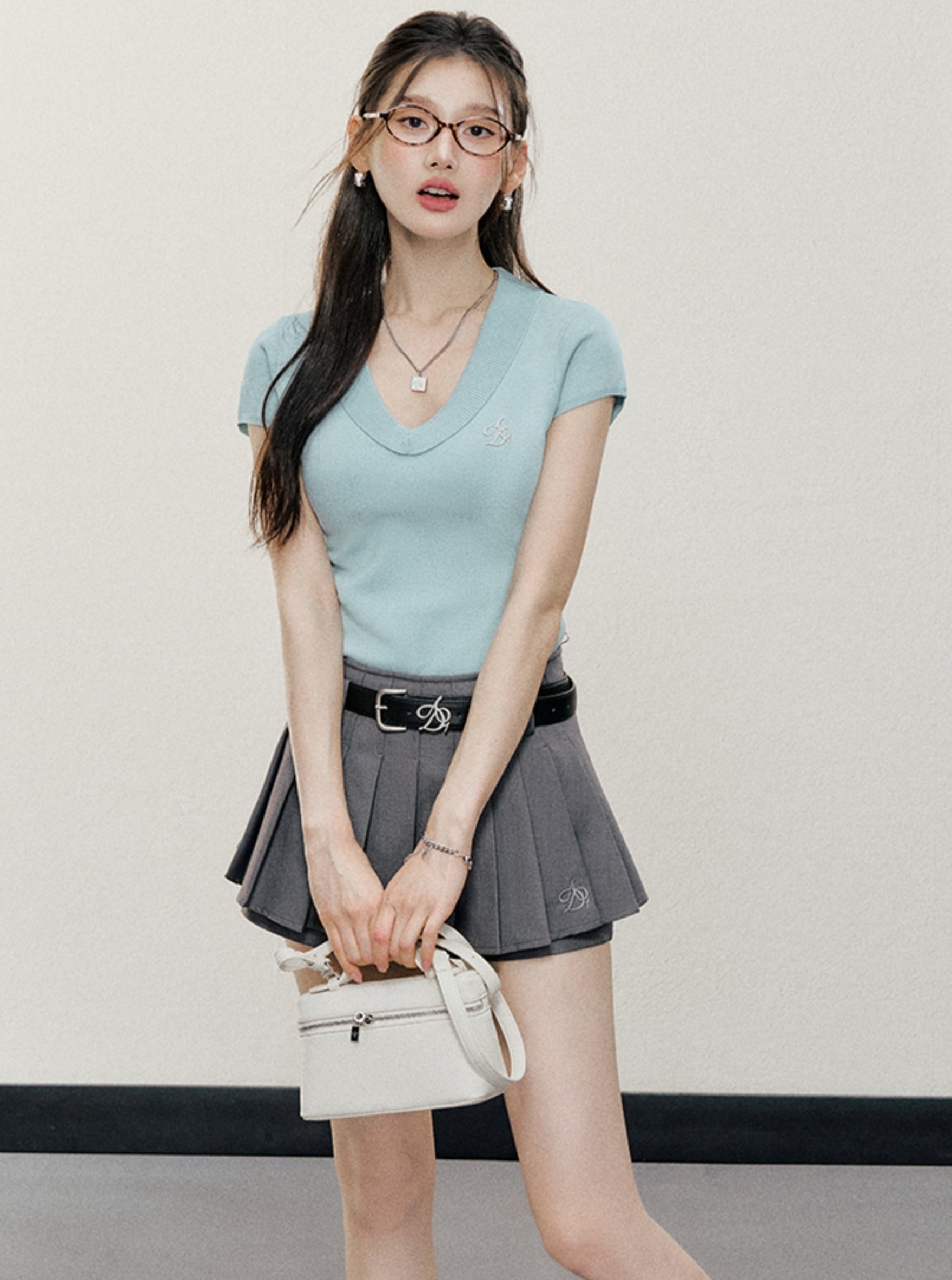 Essential V-Neck Ribbed Crop Top - Slim Fit Short Sleeve Tee