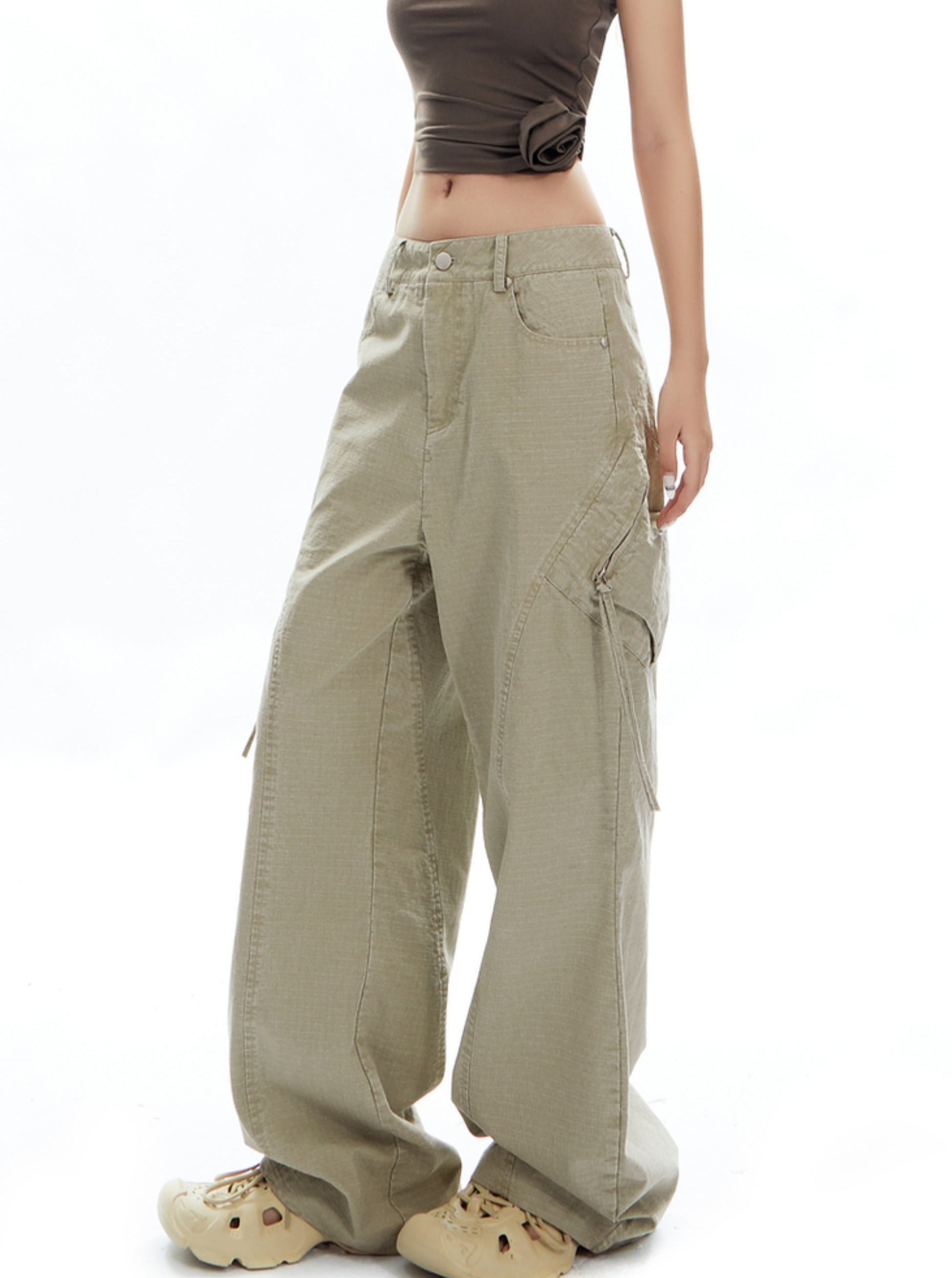 Wide-Leg Olive Green Cargo Pants