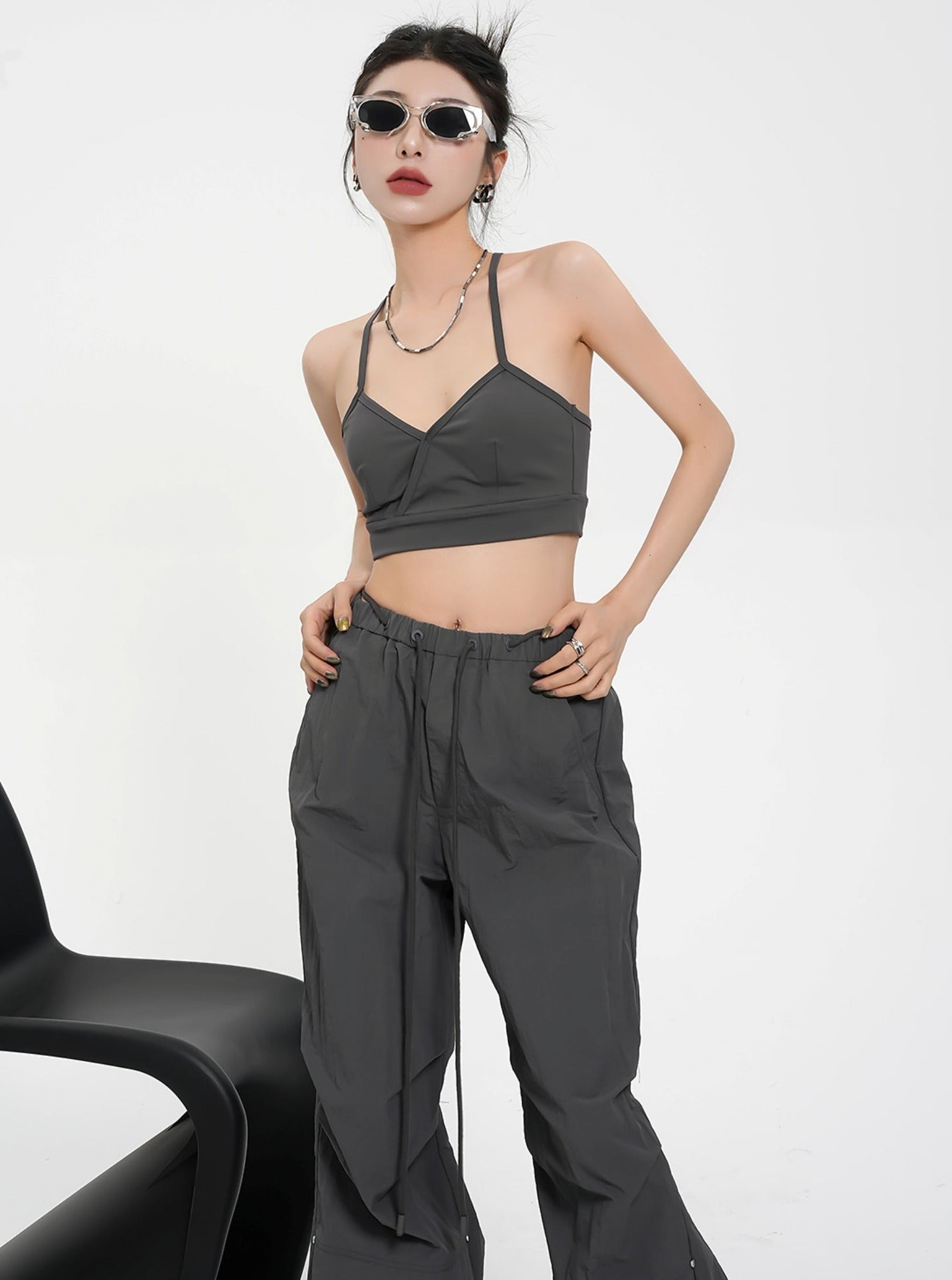 Versatile Bralette Duo: Charcoal V-Neck Athletic Crop Top & Black Lace Longline Bralette Set