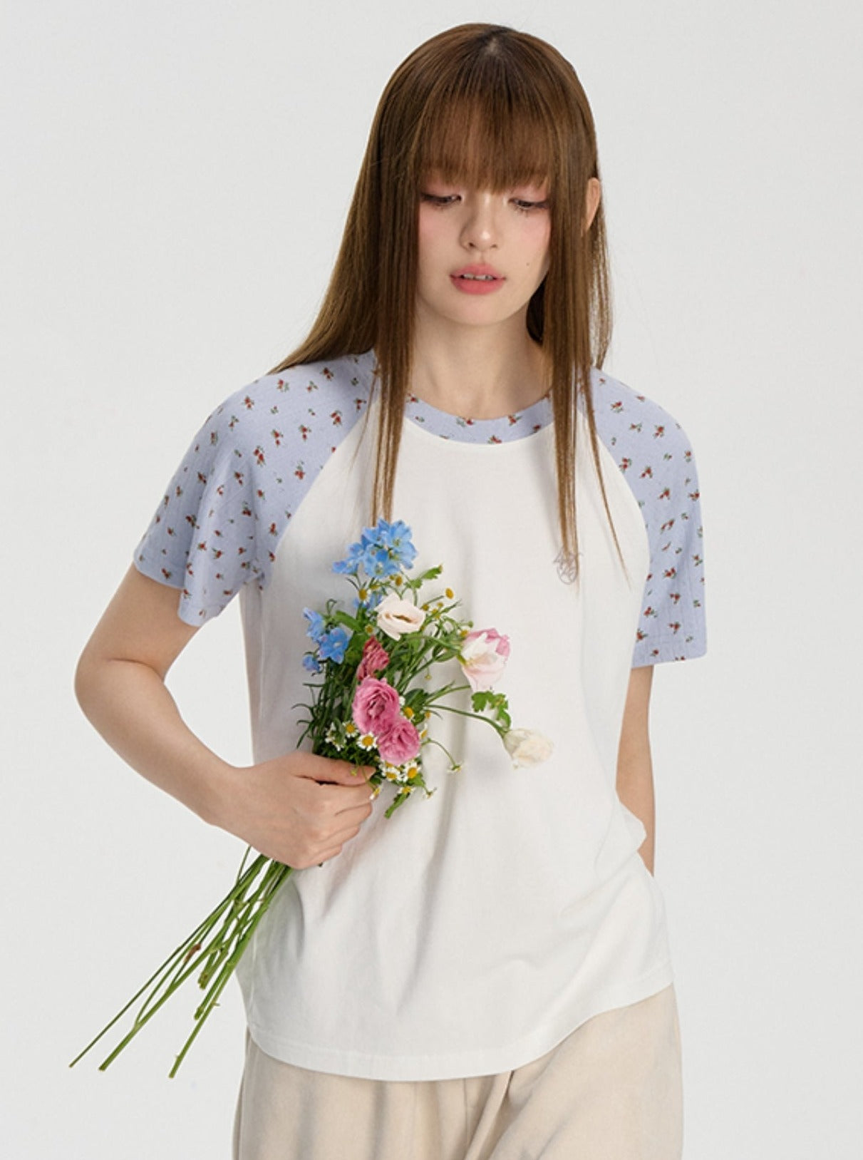 Floral Print Raglan Sleeve Top - chiclara