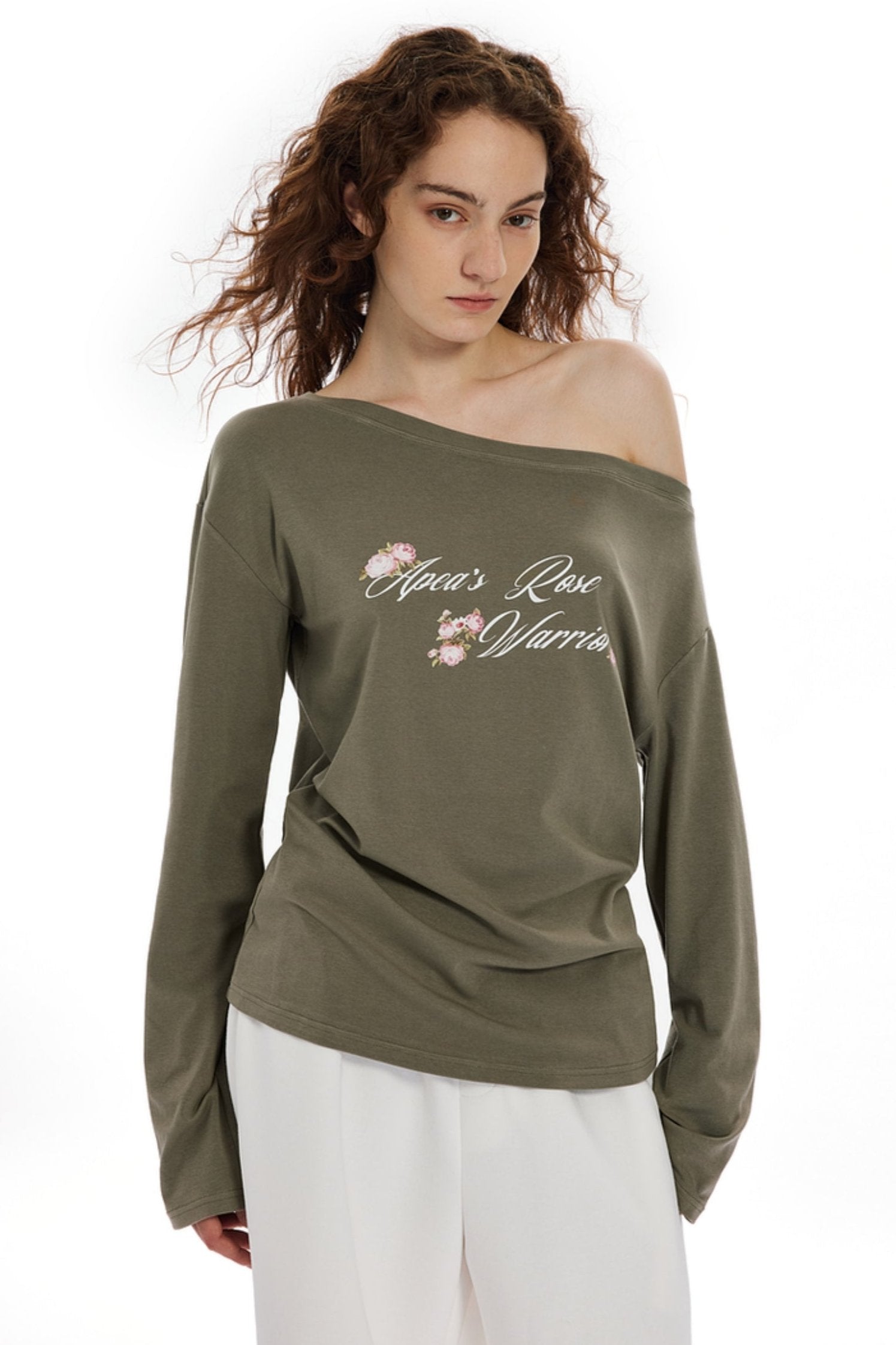 Olive Bloom Off-Shoulder Tee