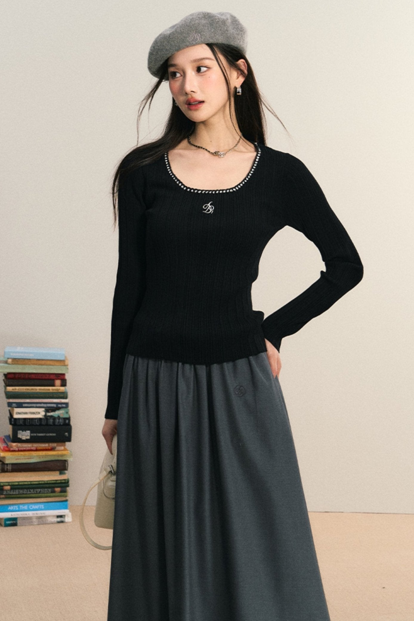 Ribbed Scoop Neck Top: Slim-Fit Long Sleeve Knit with Contrast Trim and Logo Detail