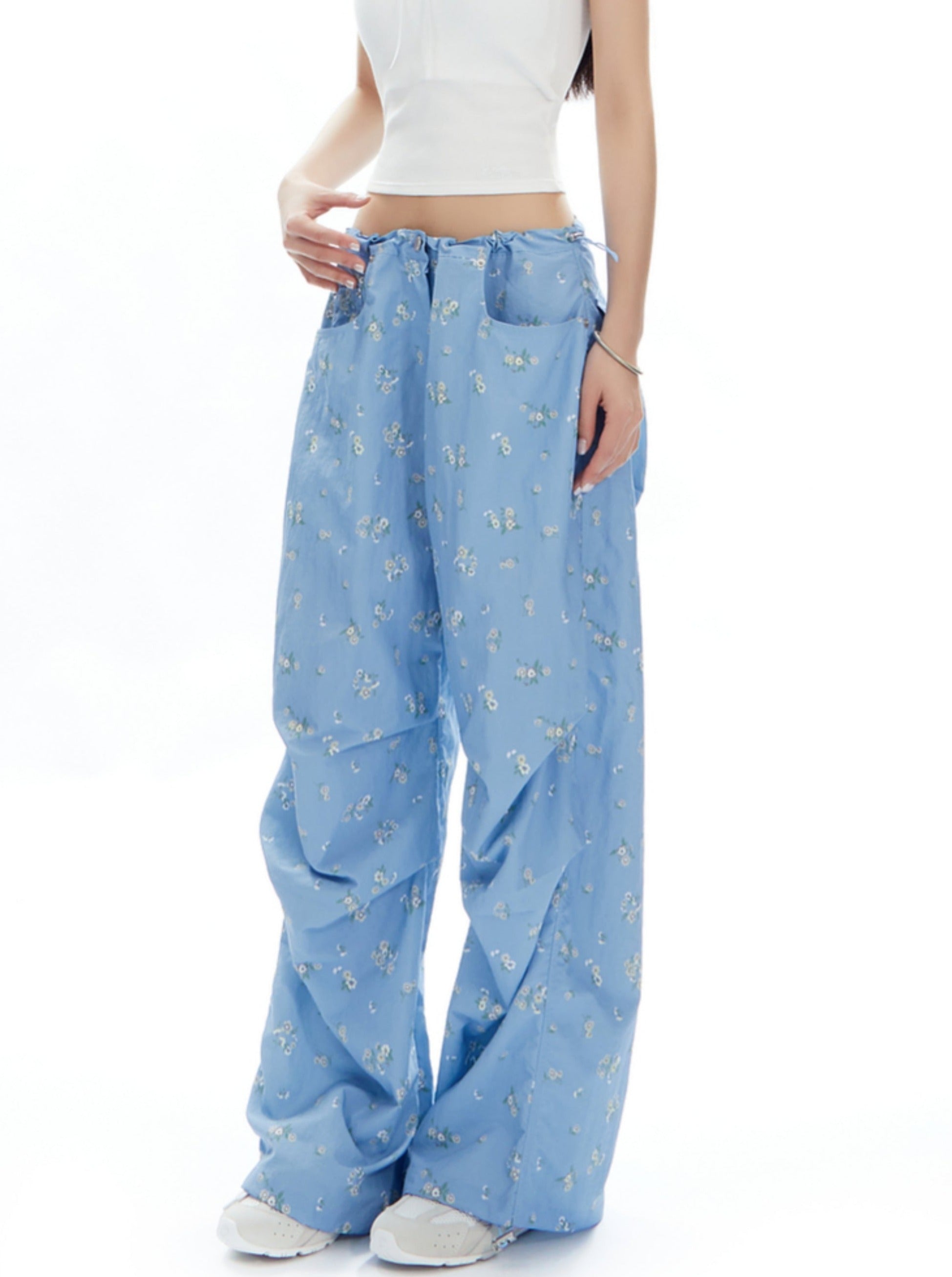 Light Blue Wide-Leg Pants with Butterfly Print