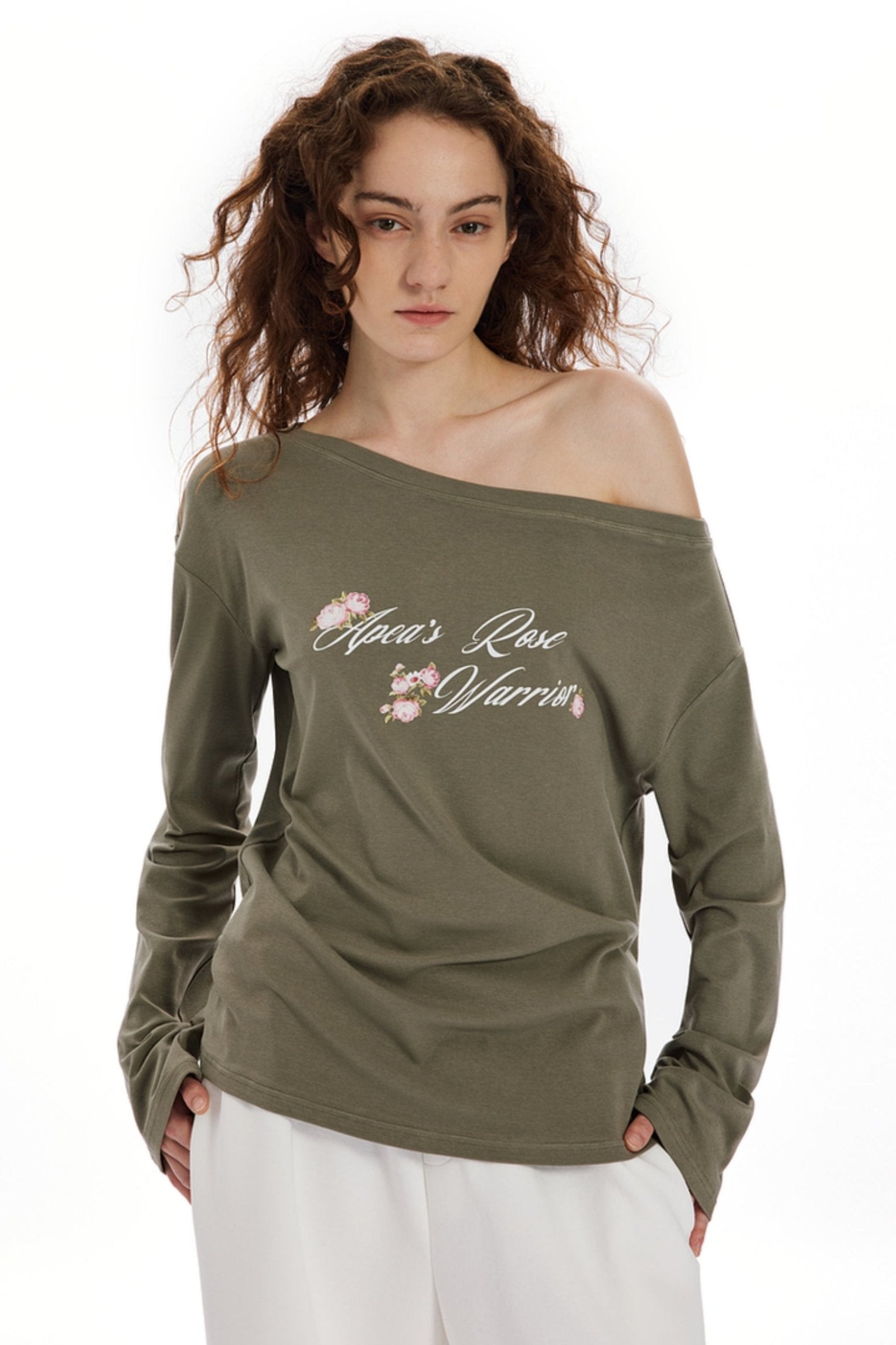 Olive Bloom Off-Shoulder Tee