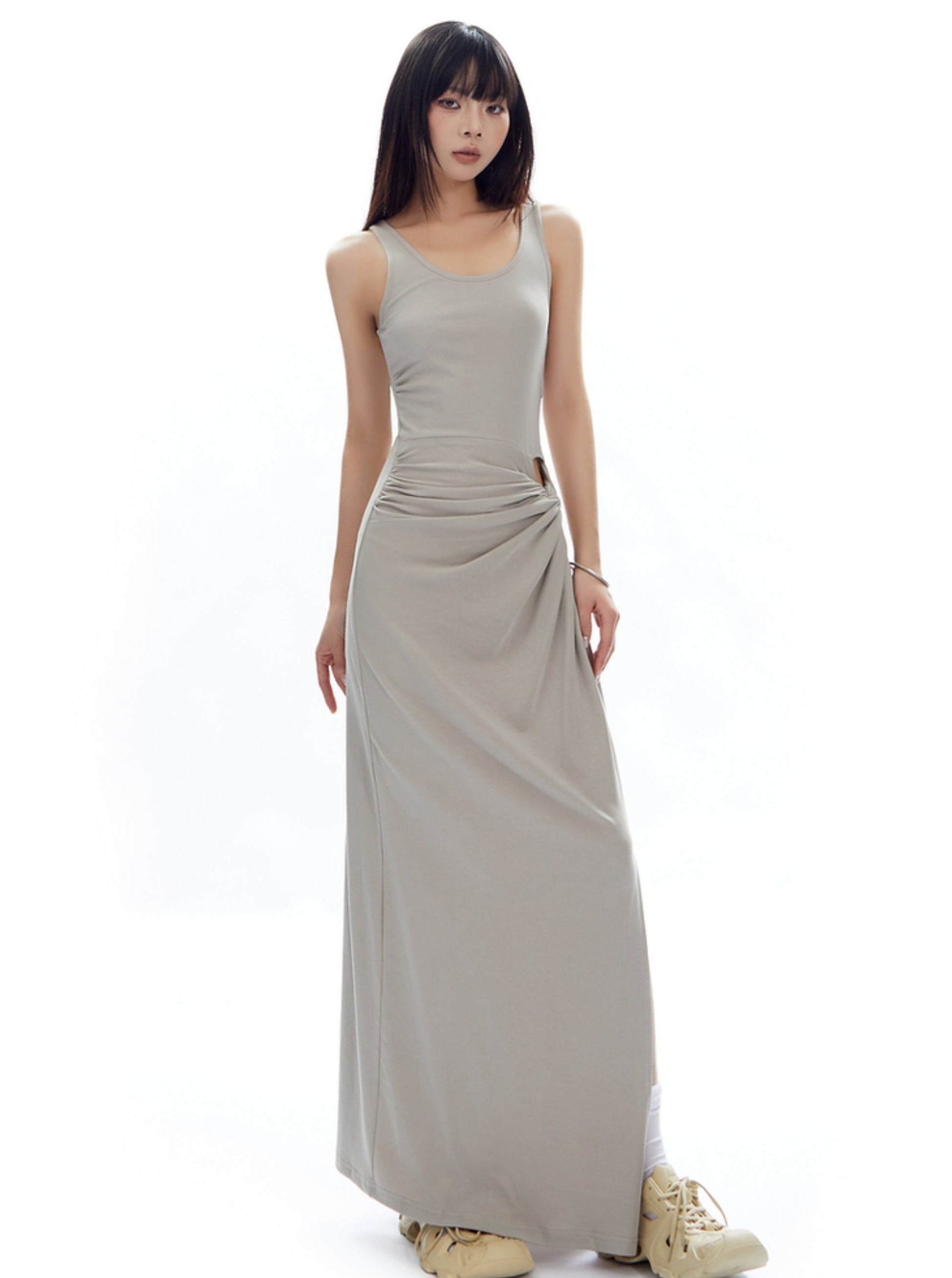 Gray Ruched Side-Slit Maxi Dress