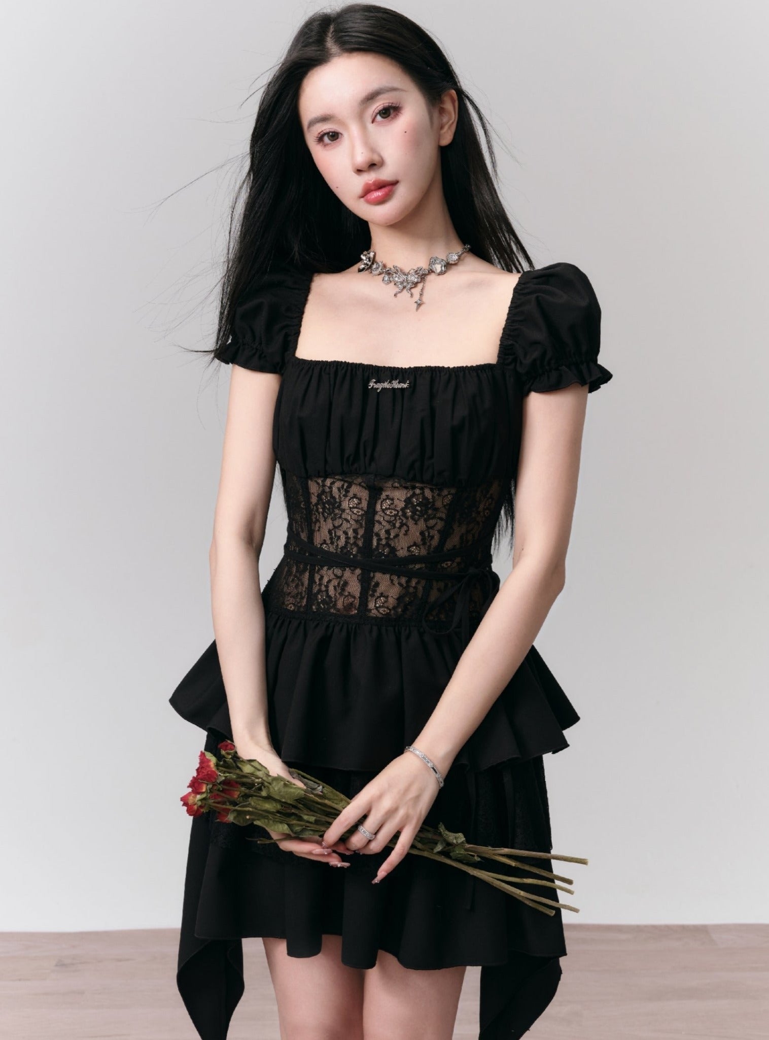 Gothic Lace-Bodice Puff Sleeve Tiered Ruffle Dress