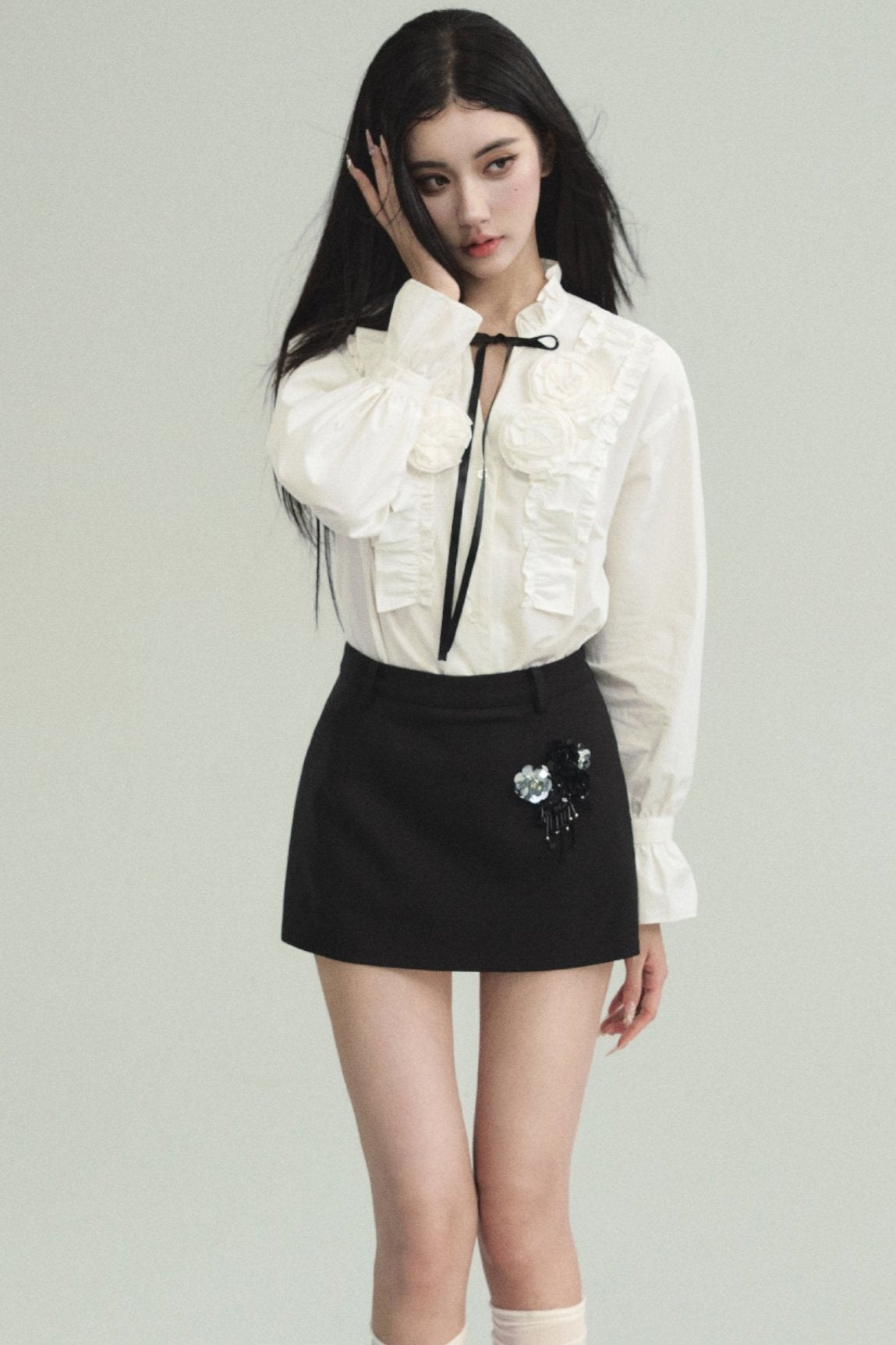 Elegant Contrast Ensemble: Crystal-Embellished Tweed Mini Skirt & Victorian Ruffle Blouse Set