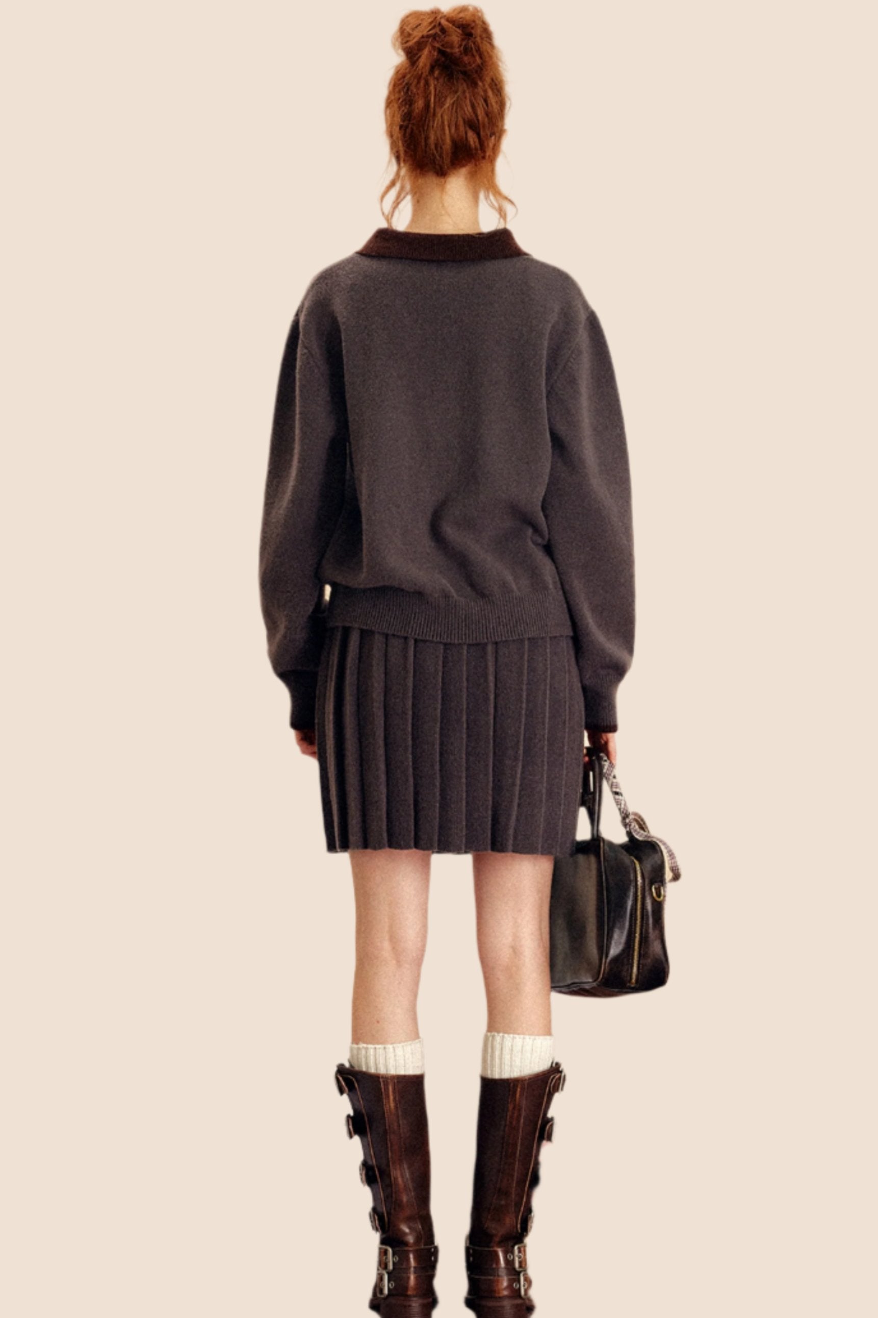 Collared Button Knit Sweater Skirt Set Up