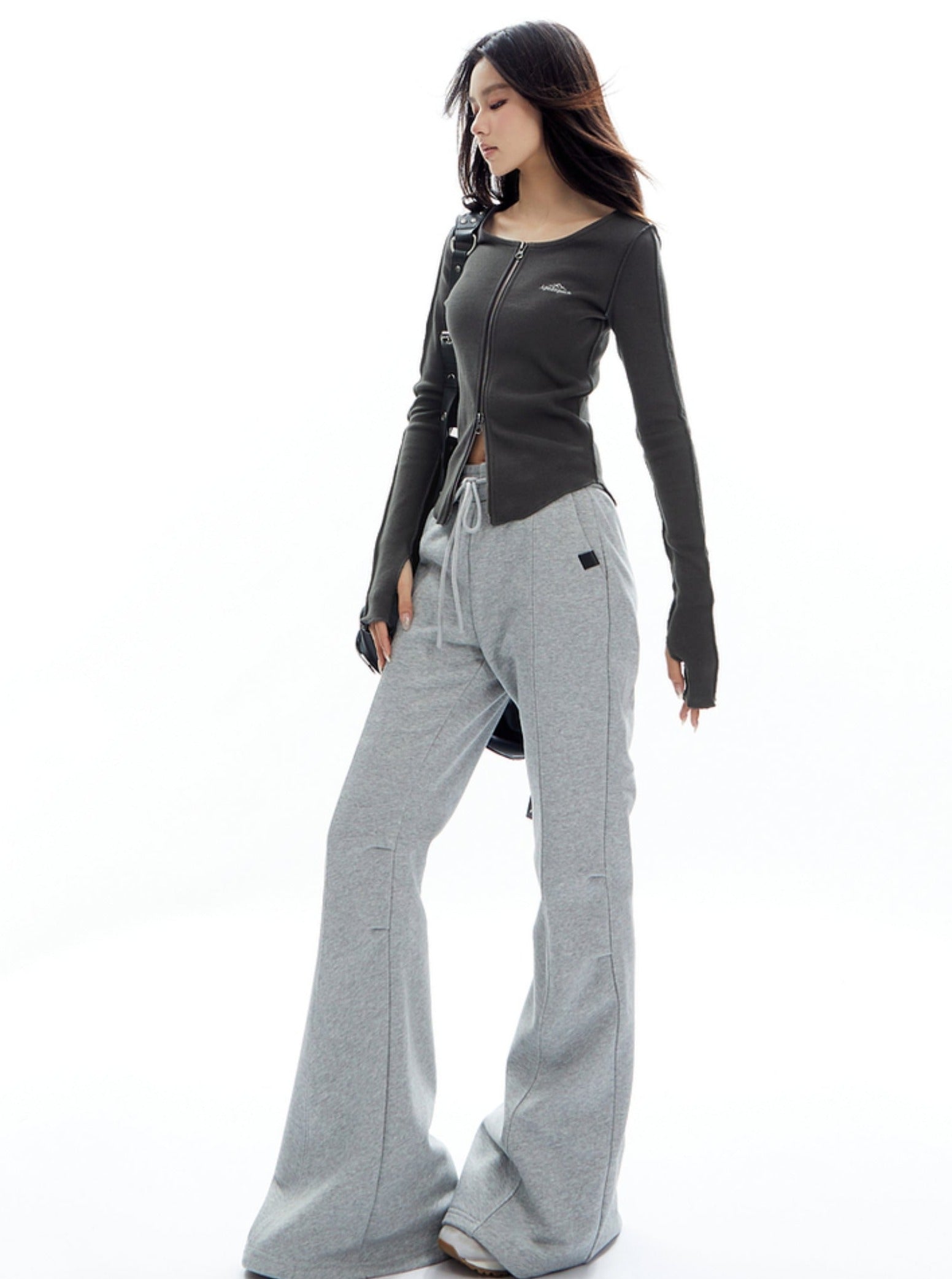 Charcoal Gray Zip-Front Fitted Long Sleeve Top