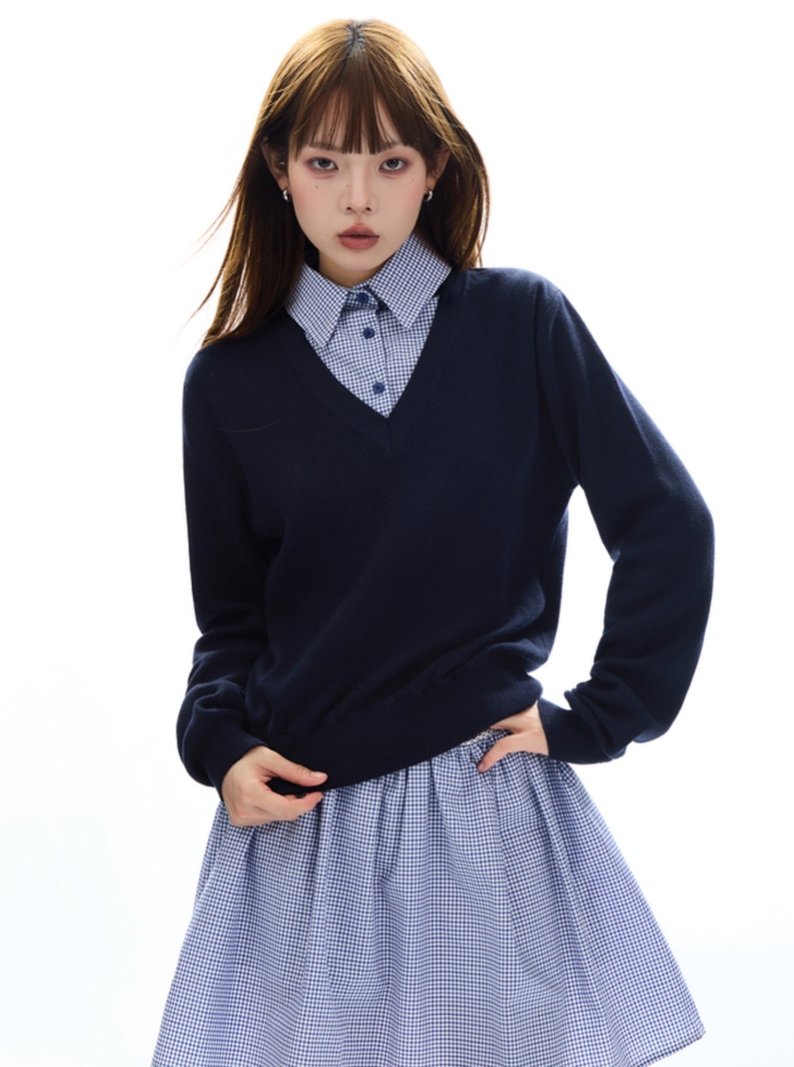 Navy V-Neck Sweater with Gingham Shirt Layering