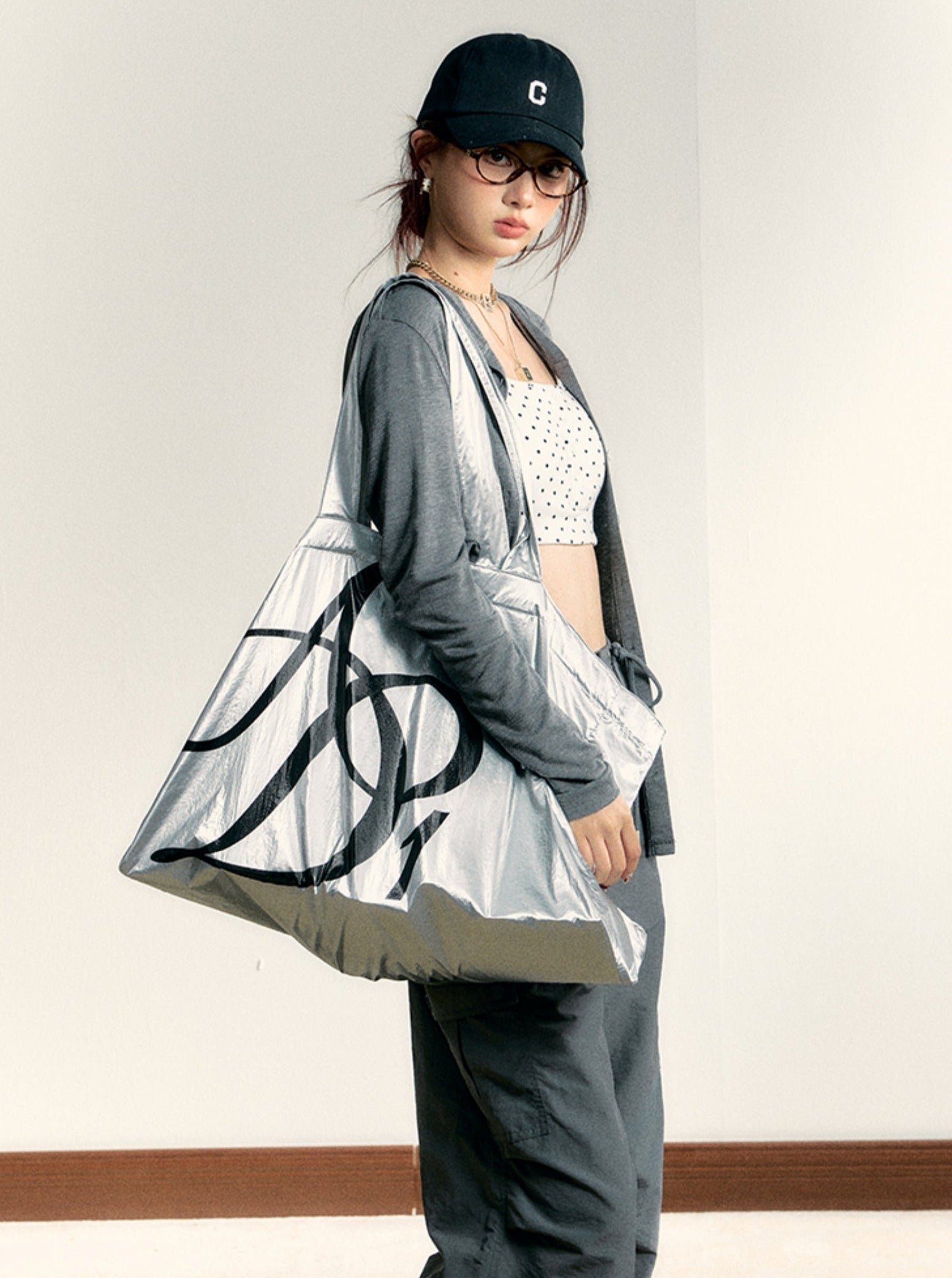 Metallic Silver Oversized Tote Bag: Large Capacity Shopper with Bold Logo Print