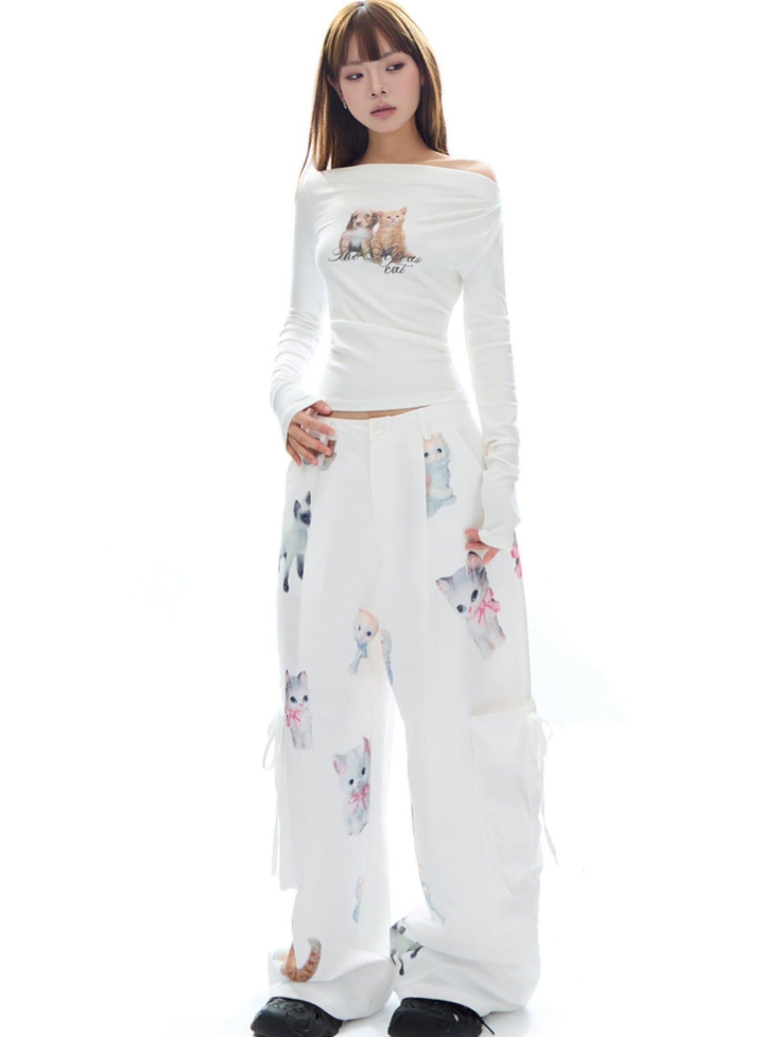 Kawaii Kitten Print Wide-Leg Lounge Pants