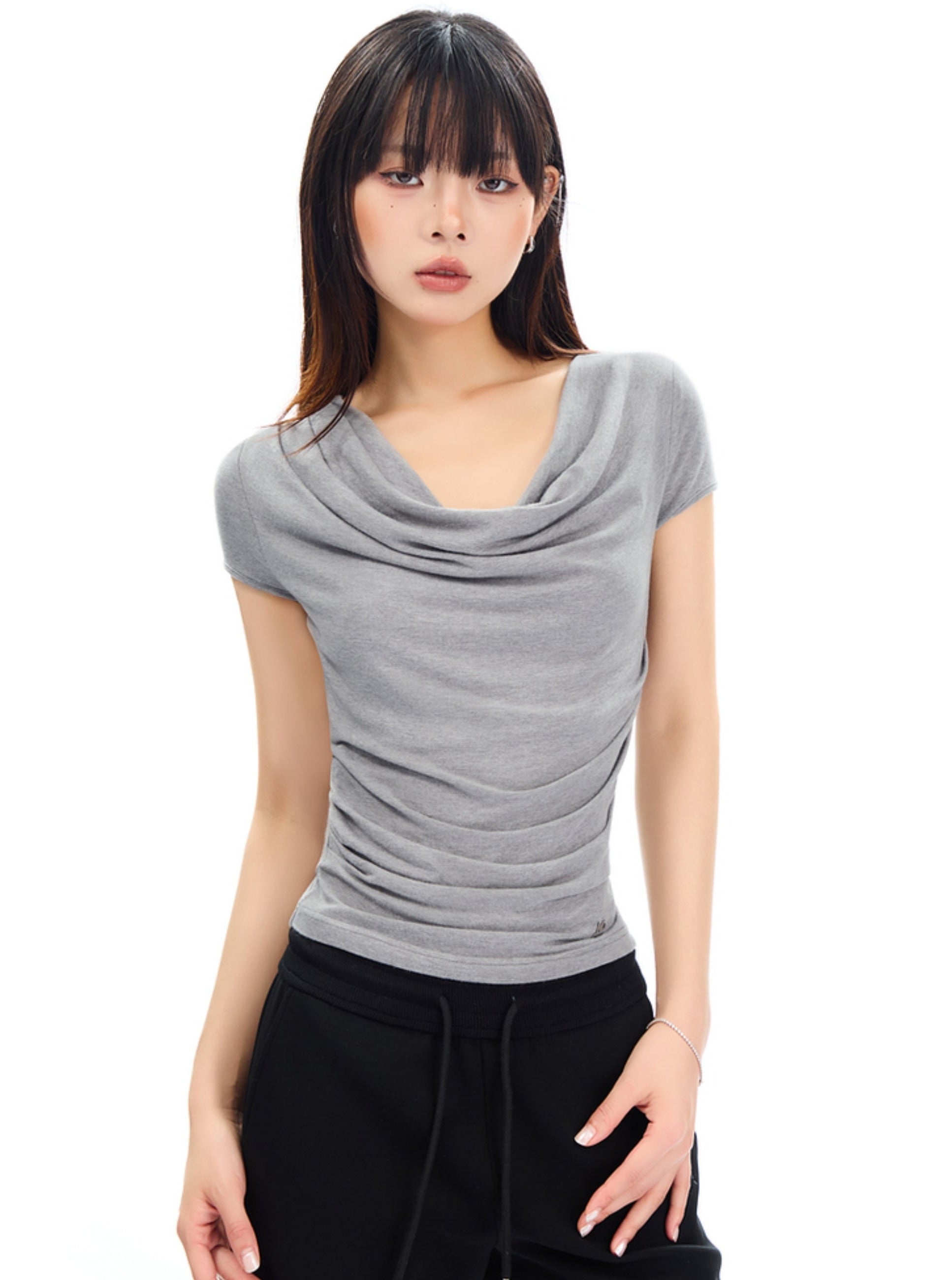 Slate Elegance Cowl Neck Tee