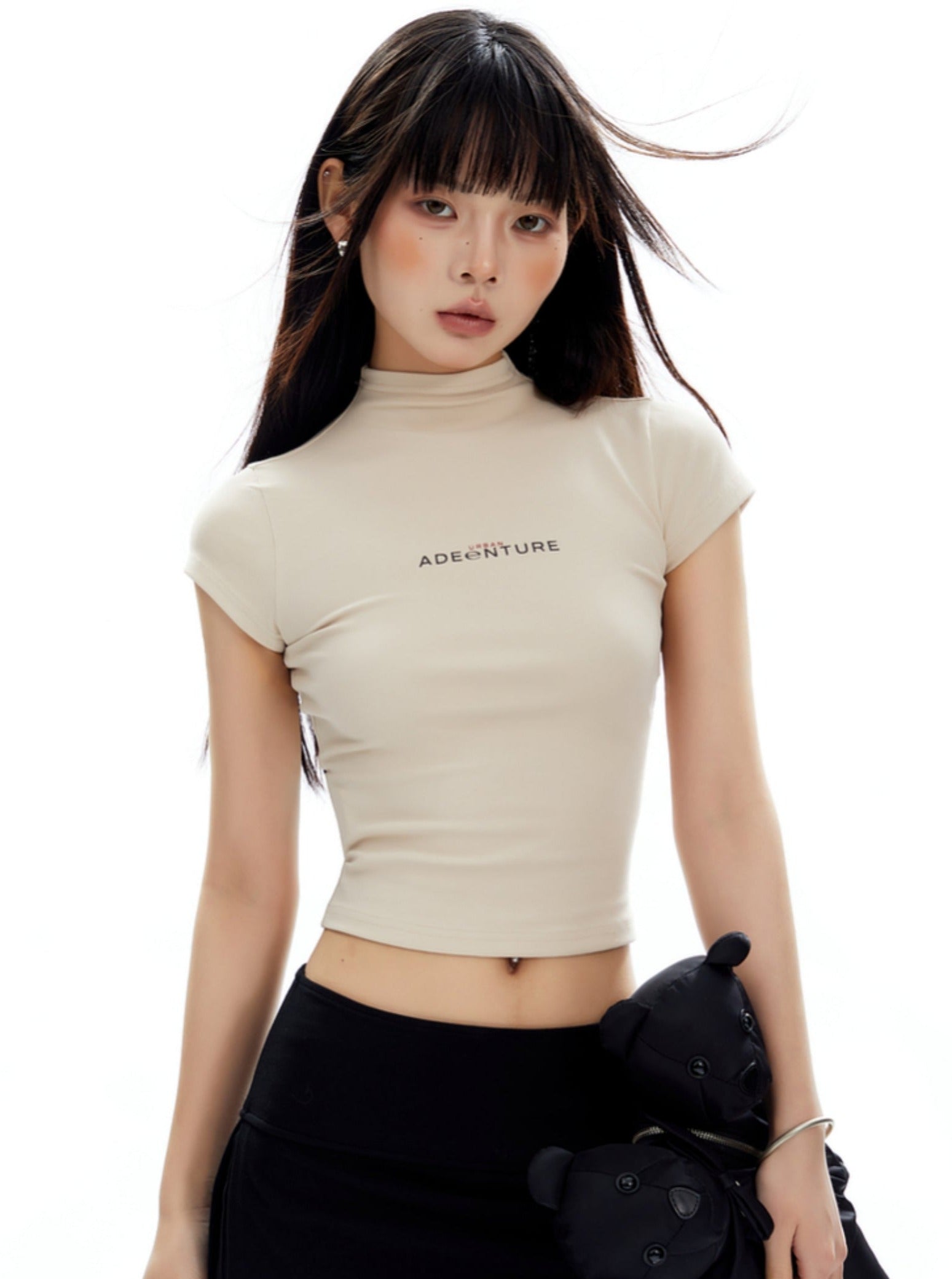 Cream Fitted Crop Top with 'Adventure' Text