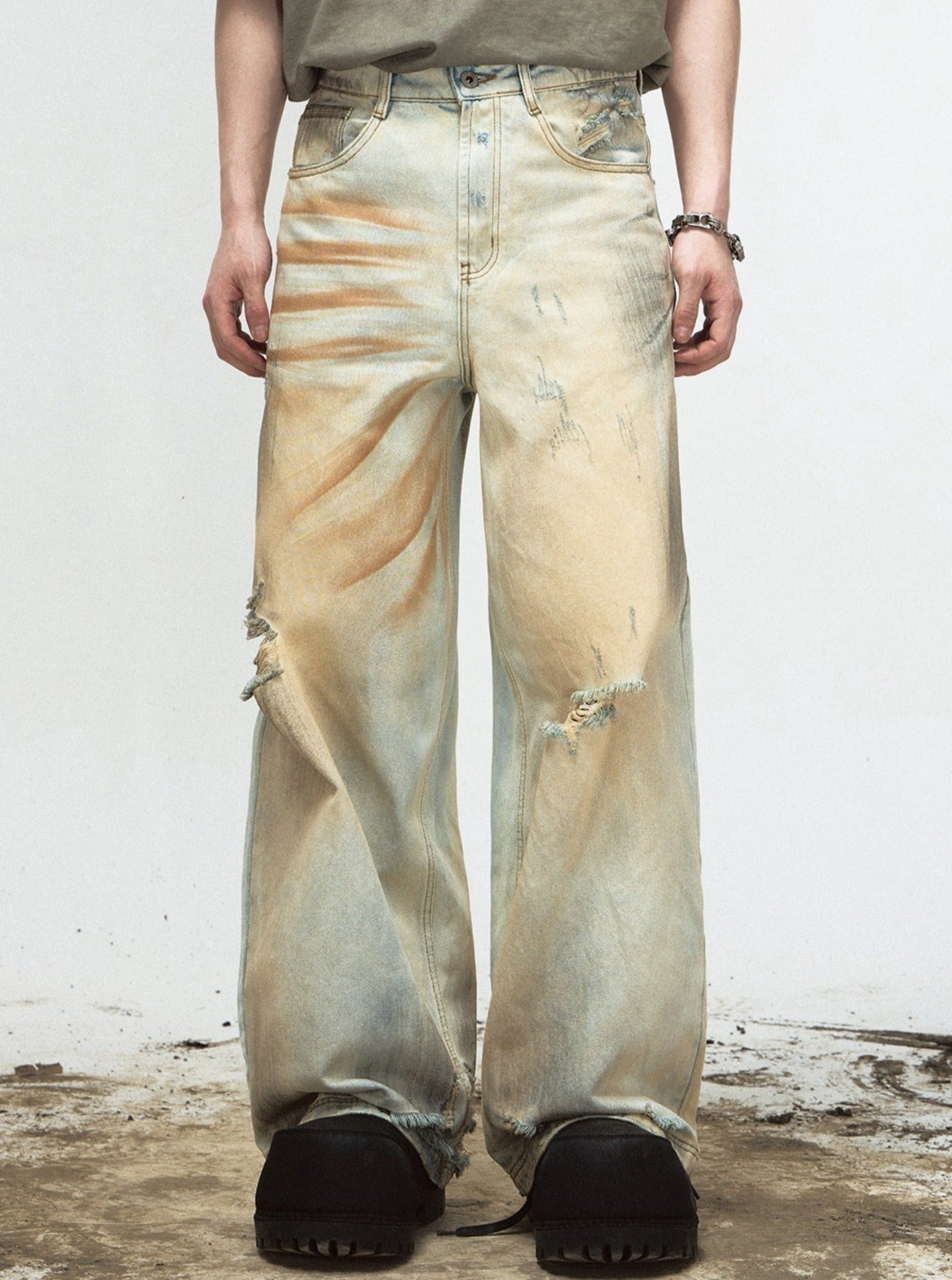 Men's Retro Ripped Yellow Denim Pants