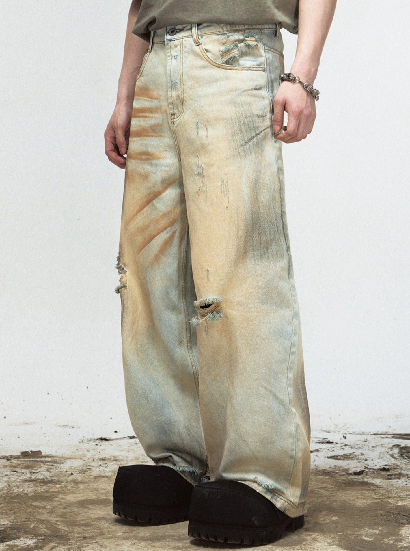 Men's Retro Ripped Yellow Denim Pants