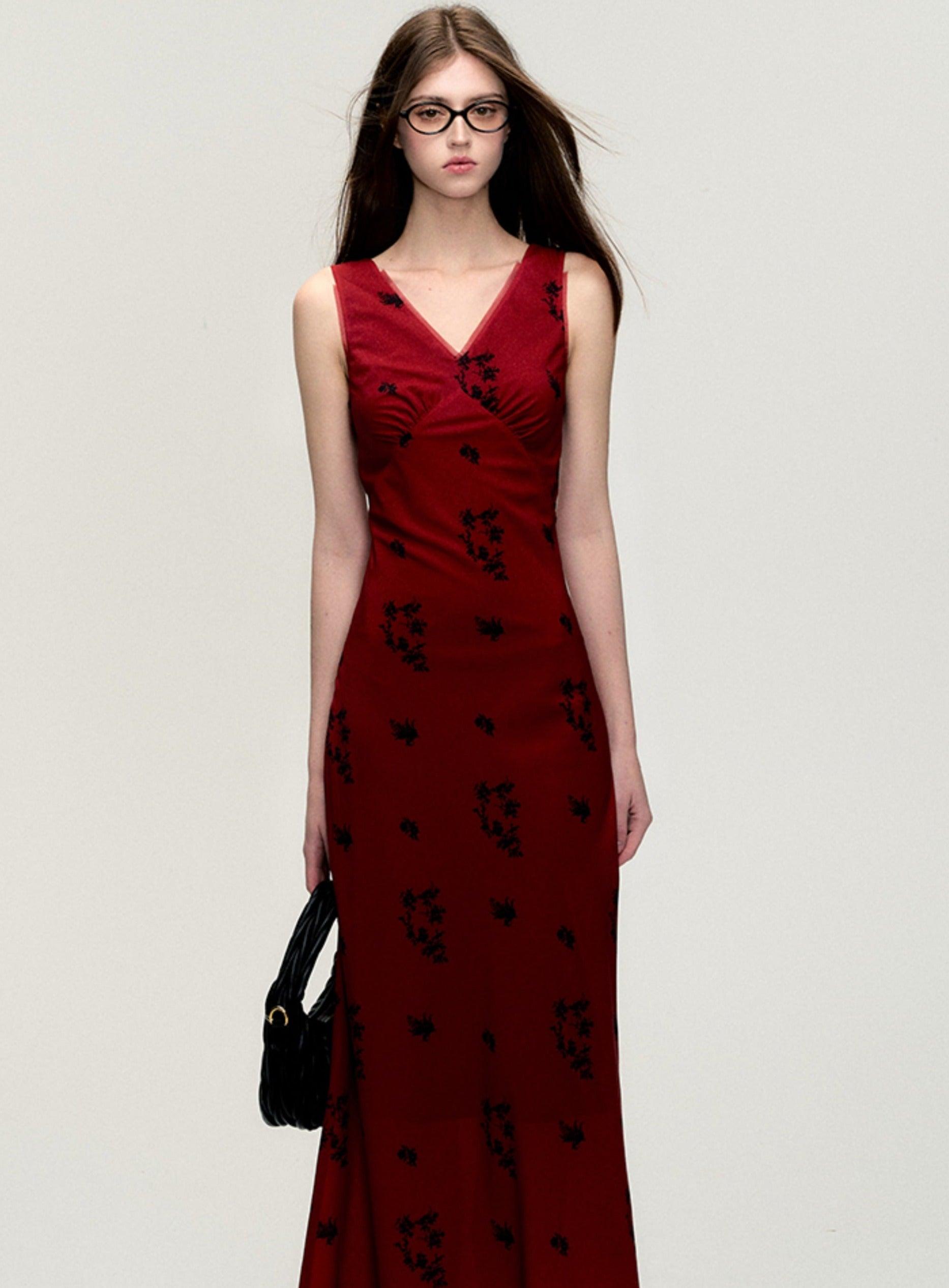 Crimson Blossom Sleeveless Maxi Dress - chiclara