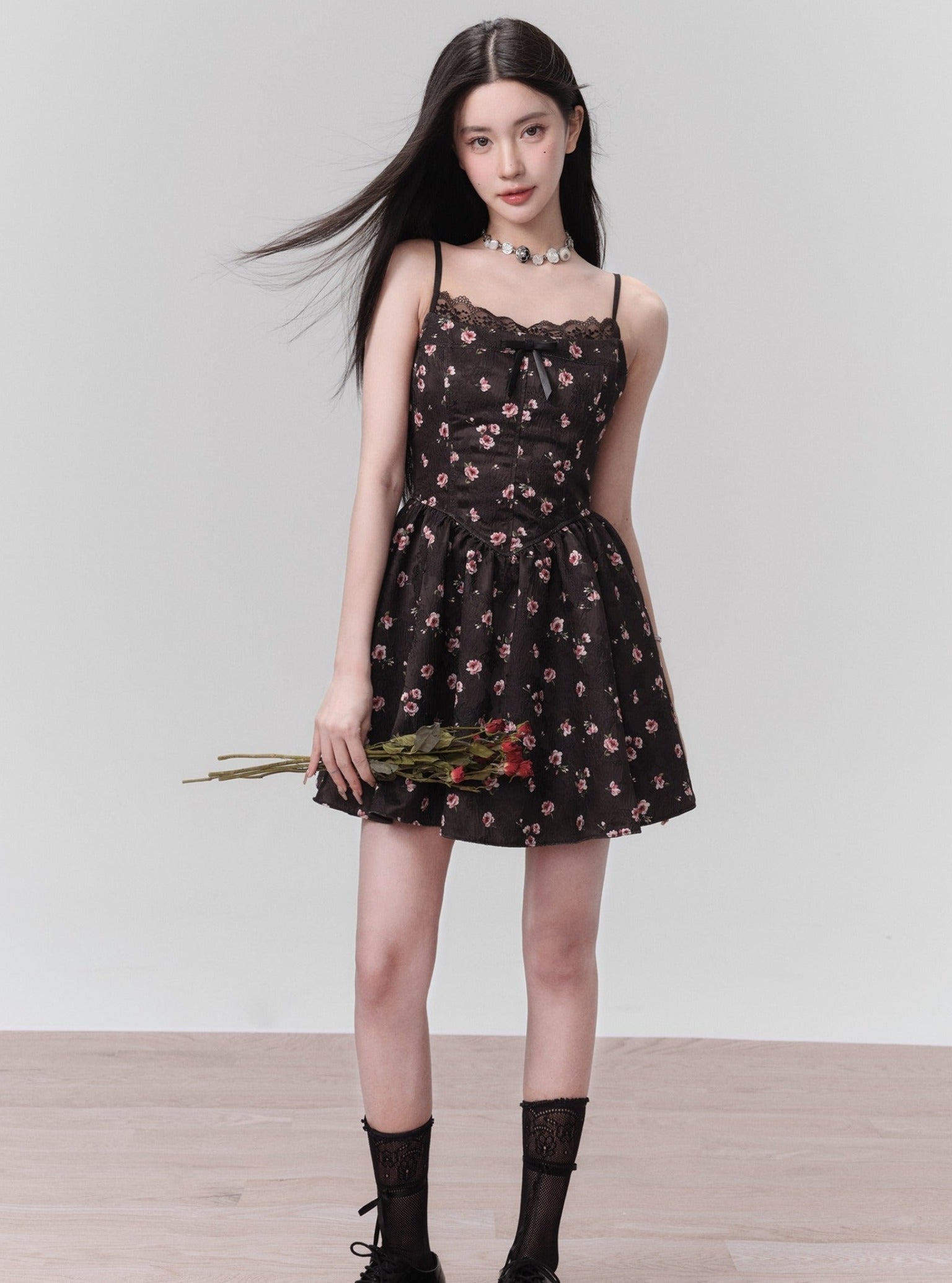 Floral Lace-Trim Spaghetti Strap Mini Dress in Black