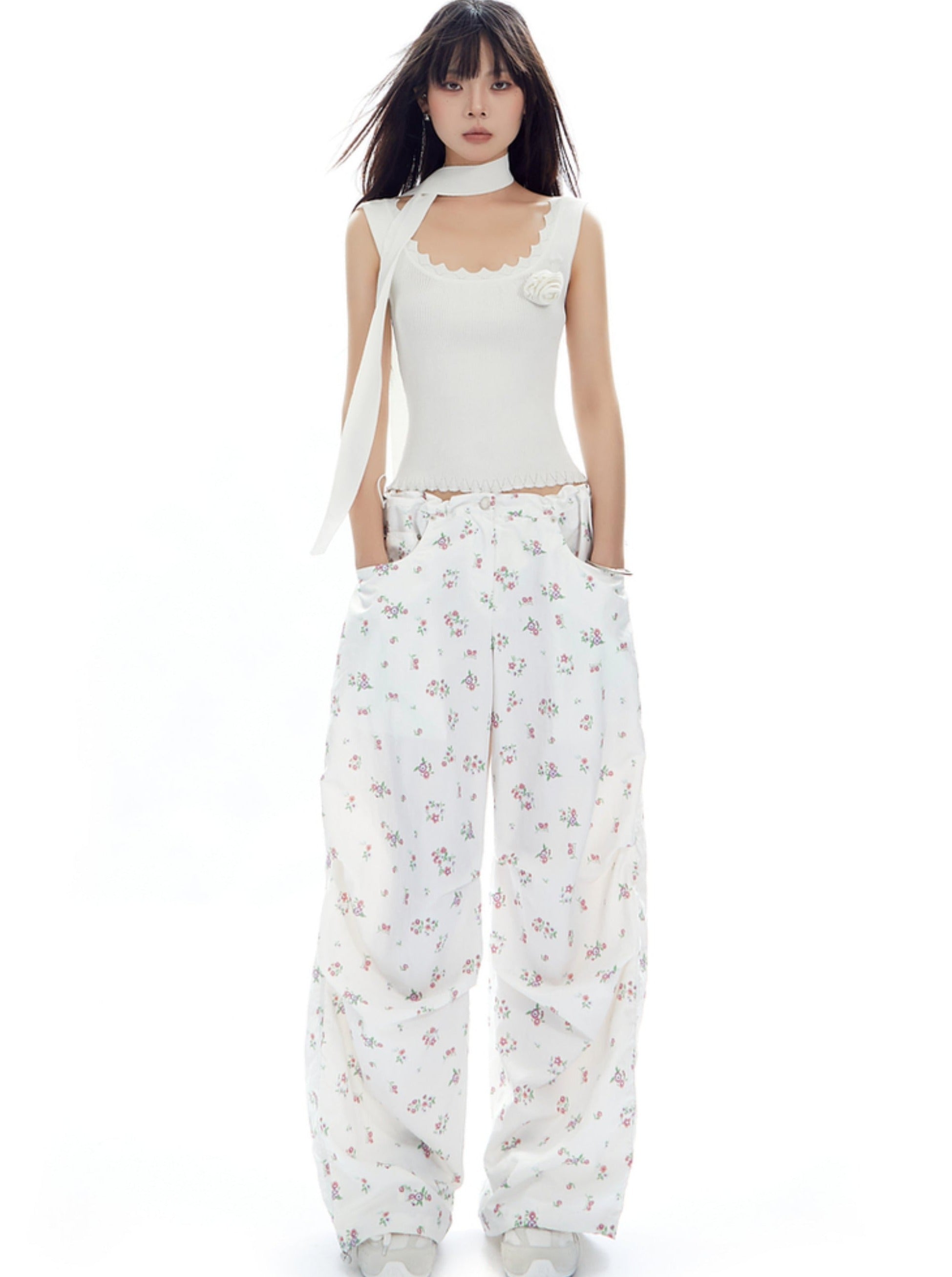 Light Blue Wide-Leg Pants with Butterfly Print