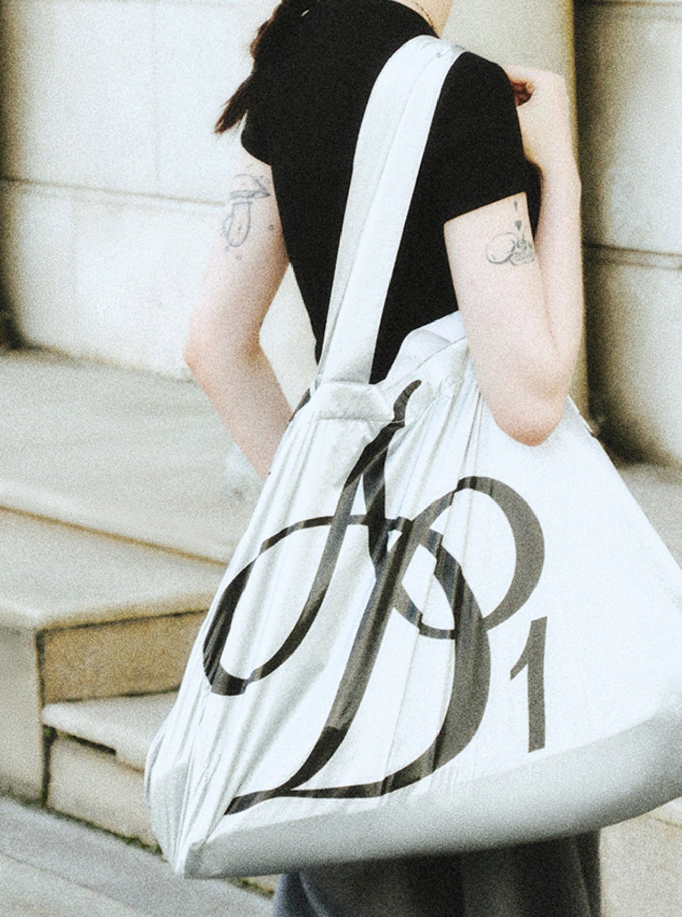 Metallic Silver Oversized Tote Bag: Large Capacity Shopper with Bold Logo Print