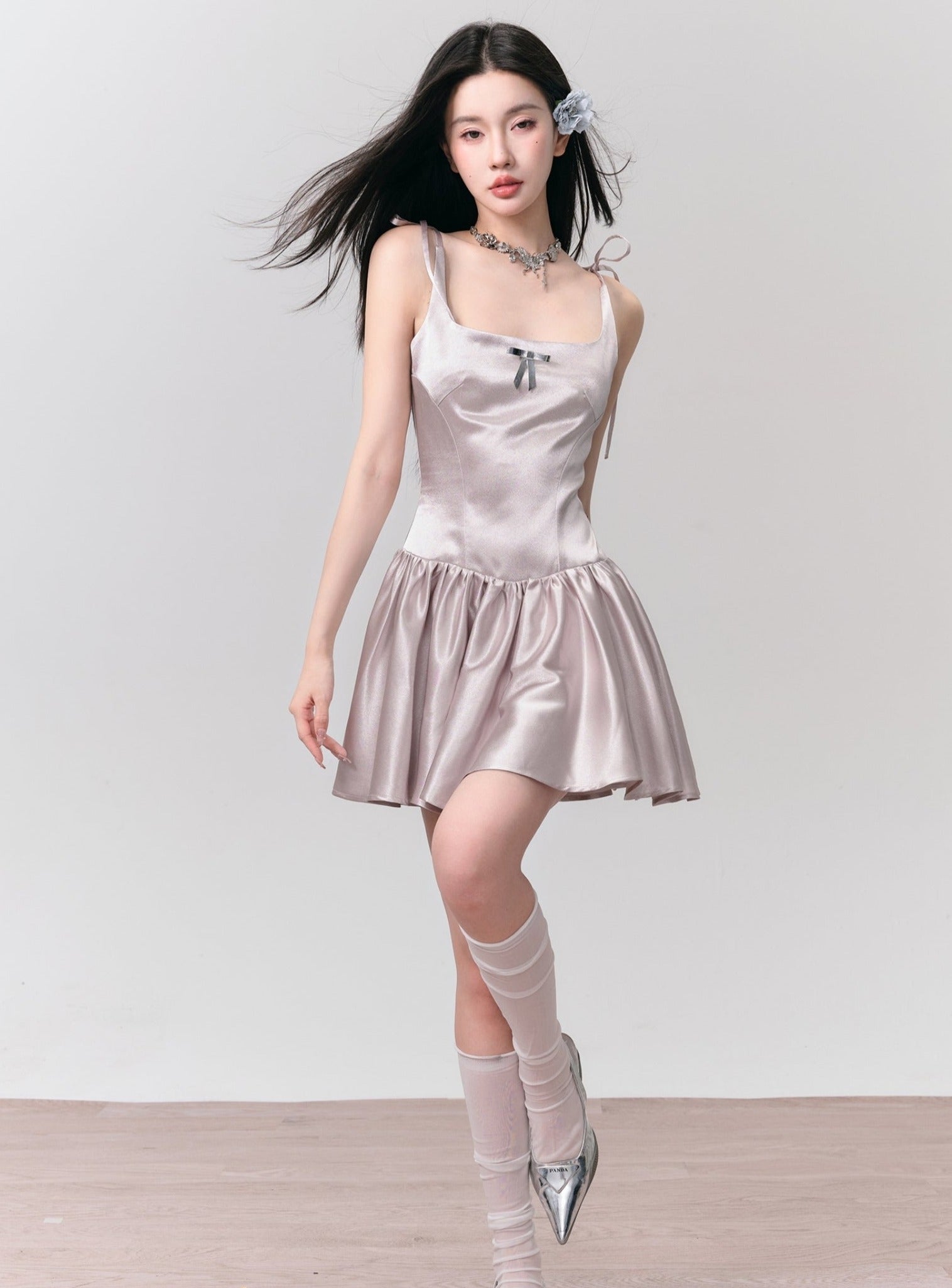 Silvery Gray Satin Mini Dress with Tie Straps