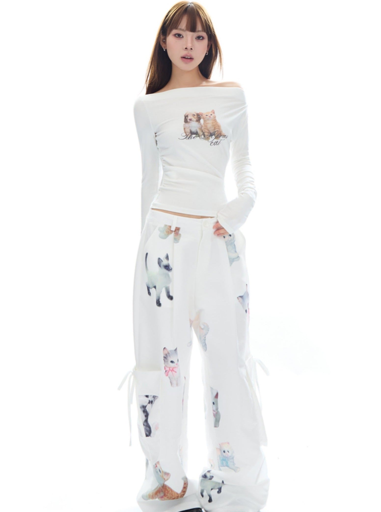 Kawaii Kitten Print Wide-Leg Lounge Pants