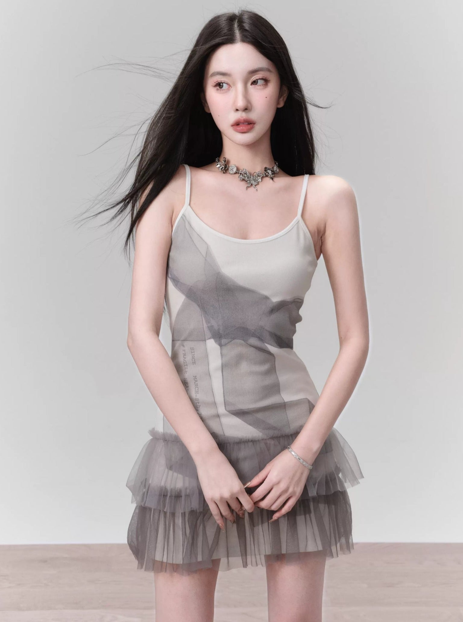 Ethereal Mist Layered Tulle Mini Dress - Ombre Gray