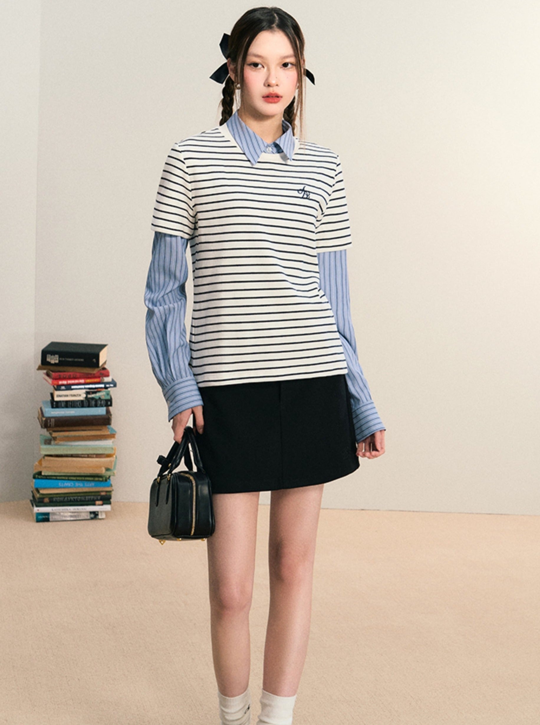 Layered Look Striped Tee Combo - Preppy Chic Shirt-Sweater Set