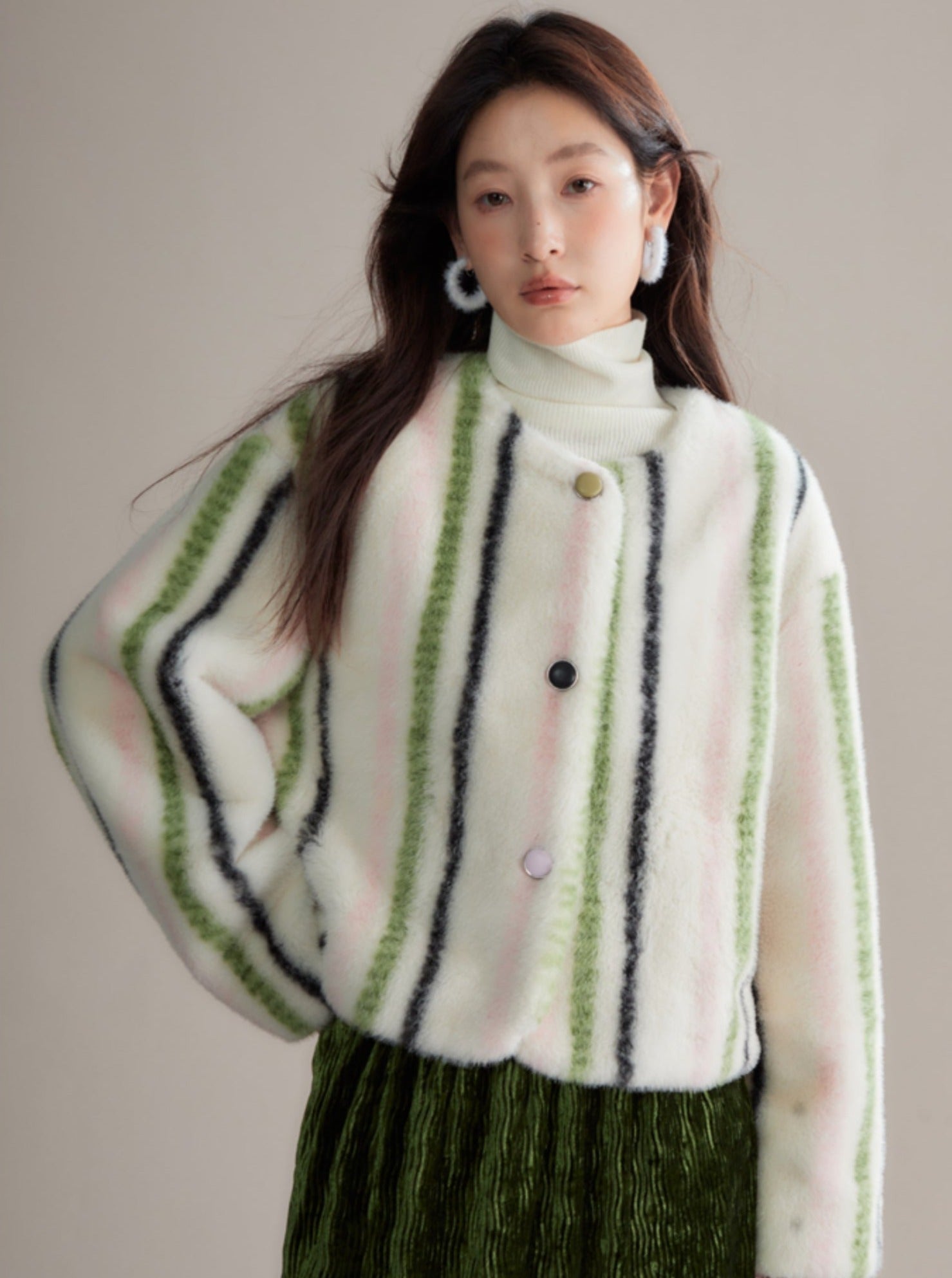 Cozy Winter Plush Striped Fur Coat