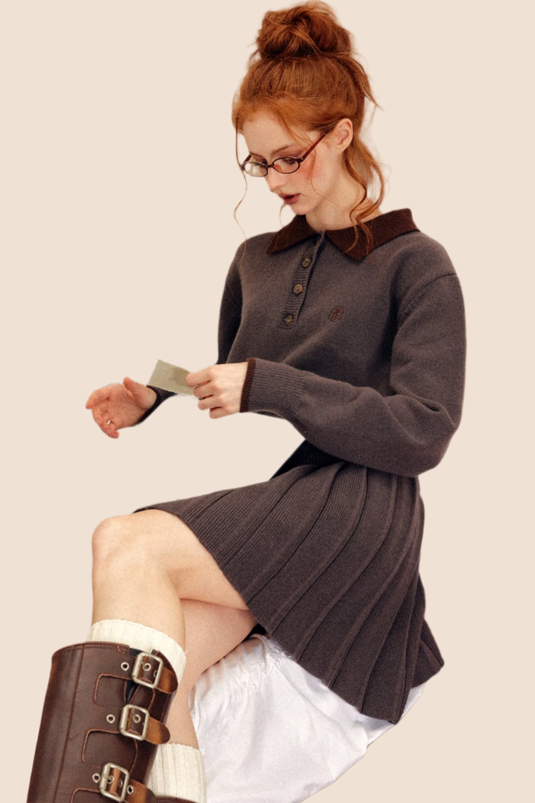 Collared Button Knit Sweater Skirt Set Up