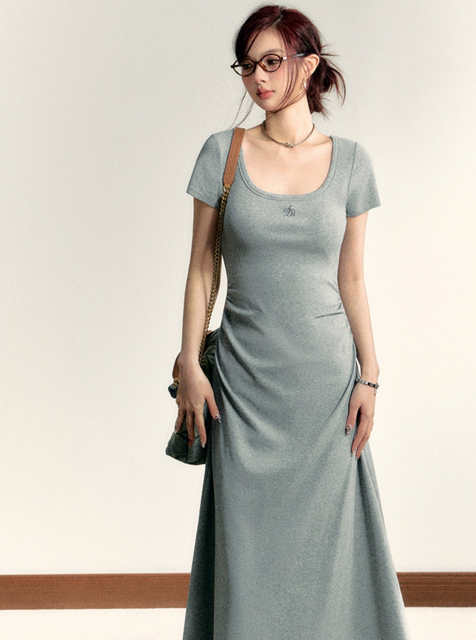 Scoop Neck Maxi T-Shirt Dress - Casual Side Ruched Jersey Knit Gown