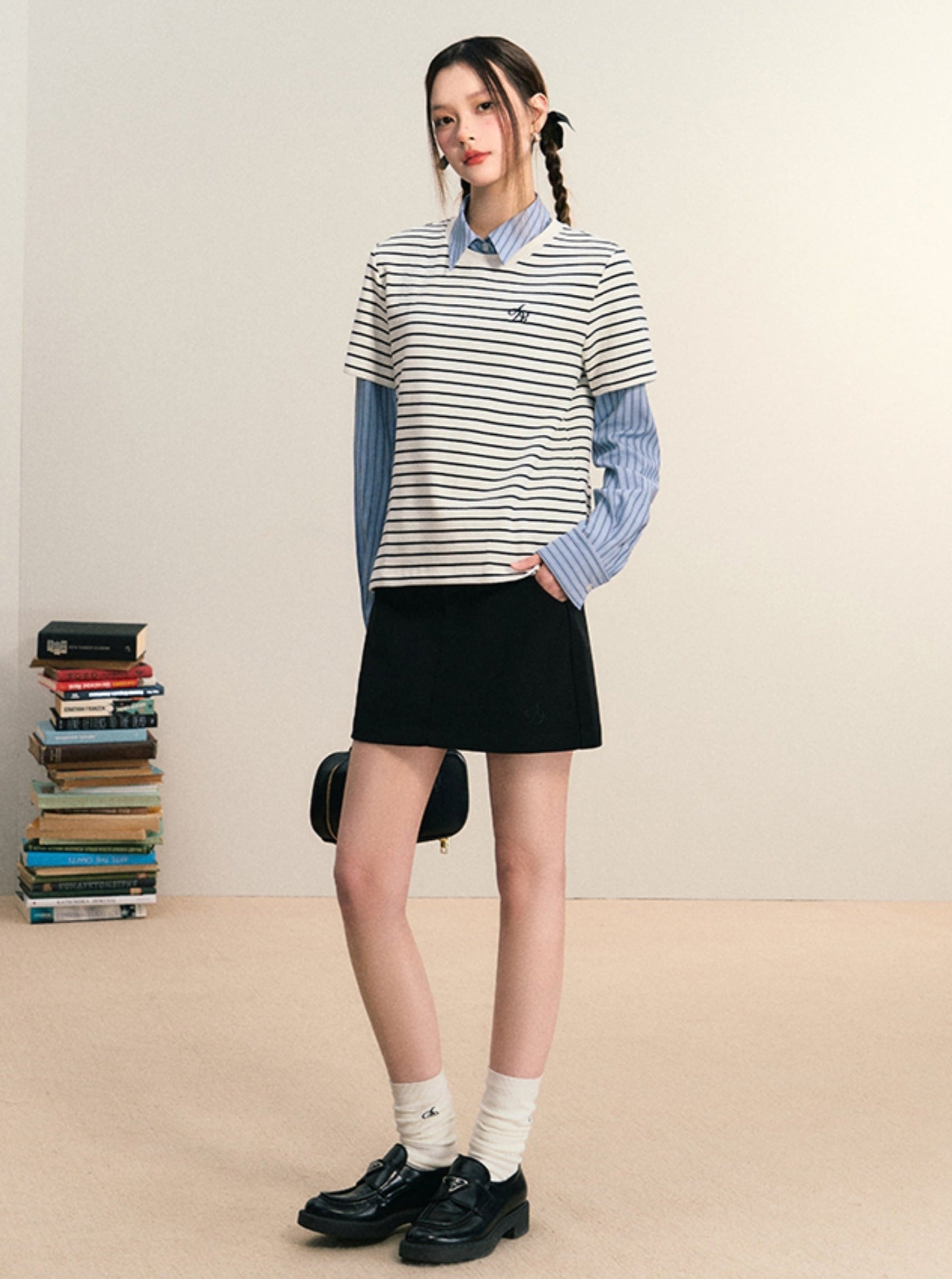 Layered Look Striped Tee Combo - Preppy Chic Shirt-Sweater Set