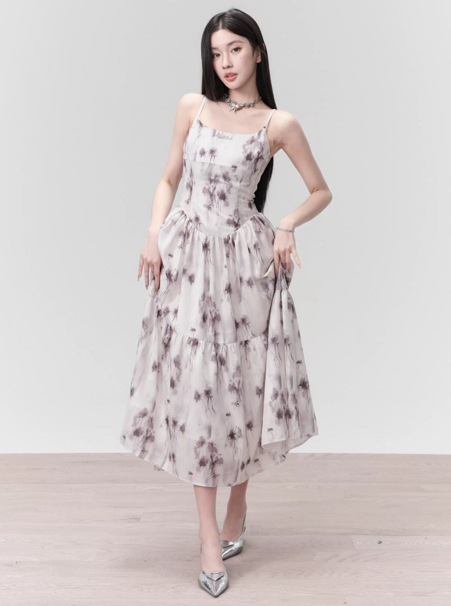 Ethereal Floral Spaghetti Strap Midi Dress in Lavender Mist