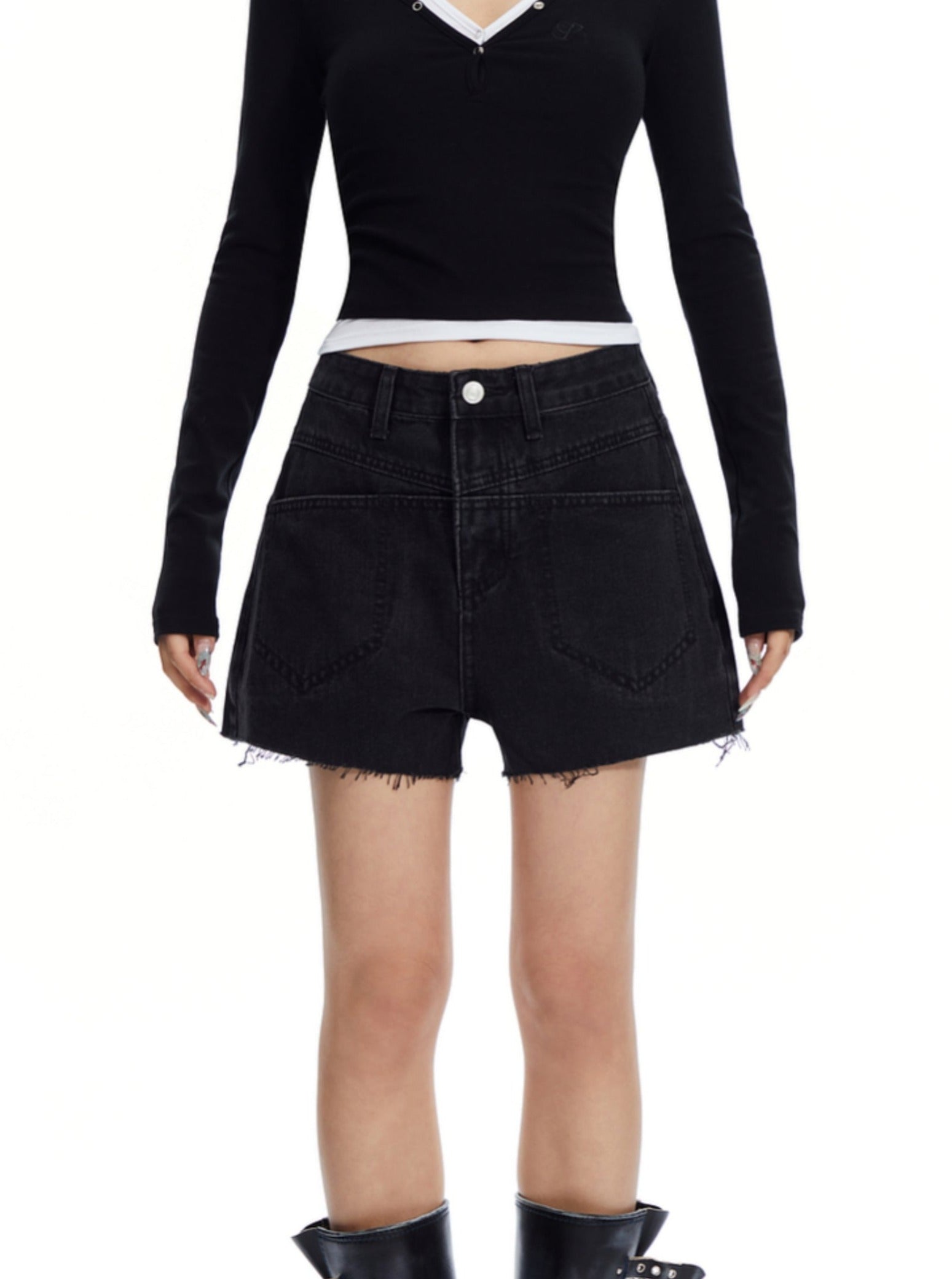 High-Waisted Denim Shorts with Unique Waistband Detail