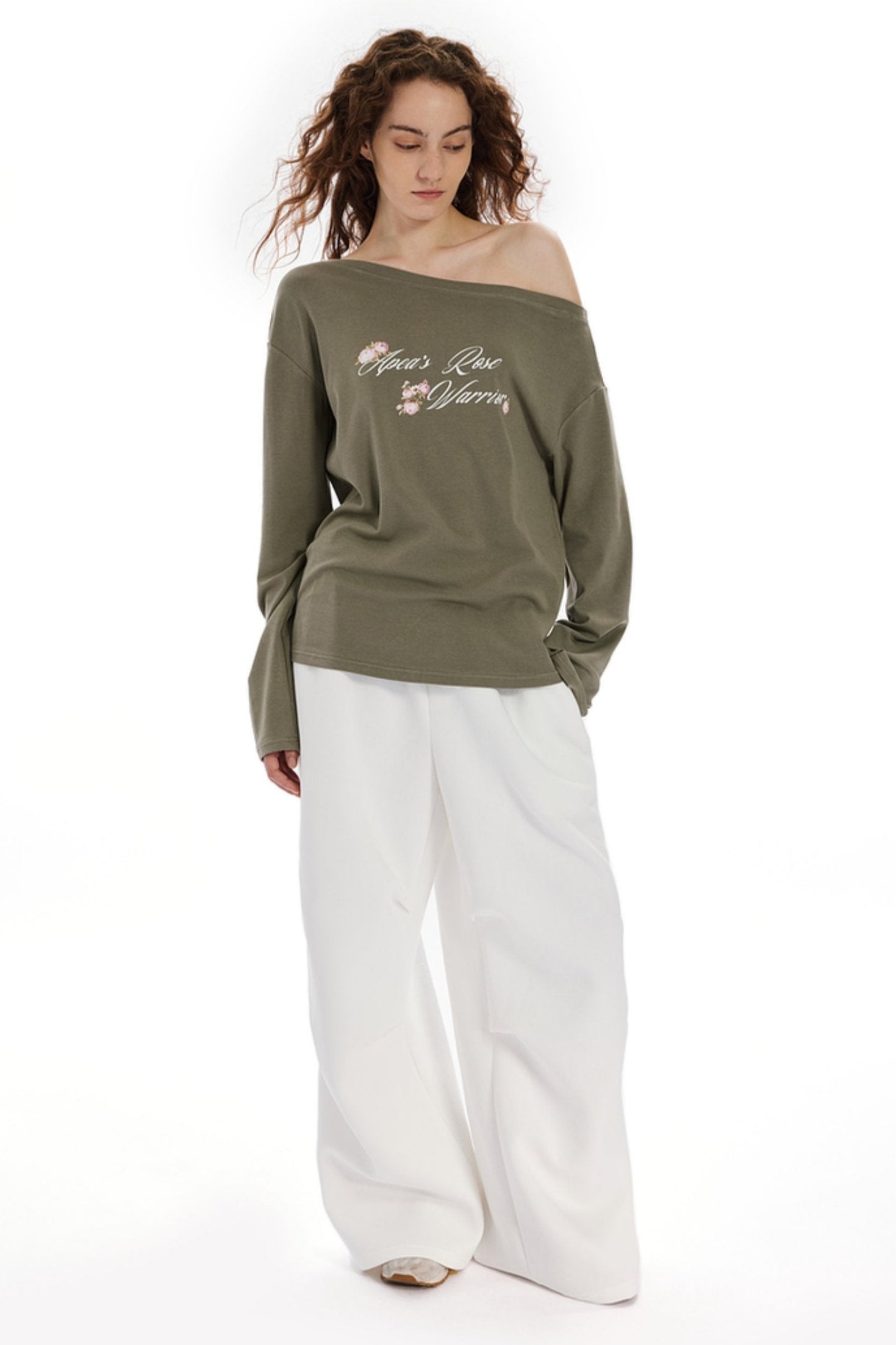 Olive Bloom Off-Shoulder Tee