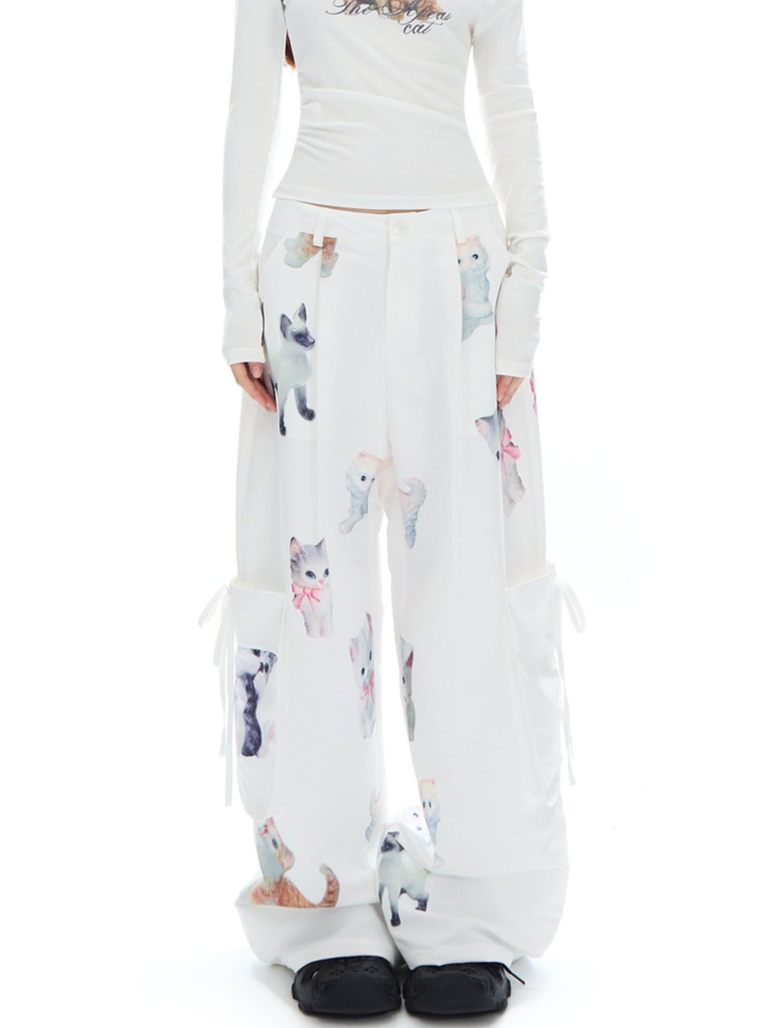 Kawaii Kitten Print Wide-Leg Lounge Pants