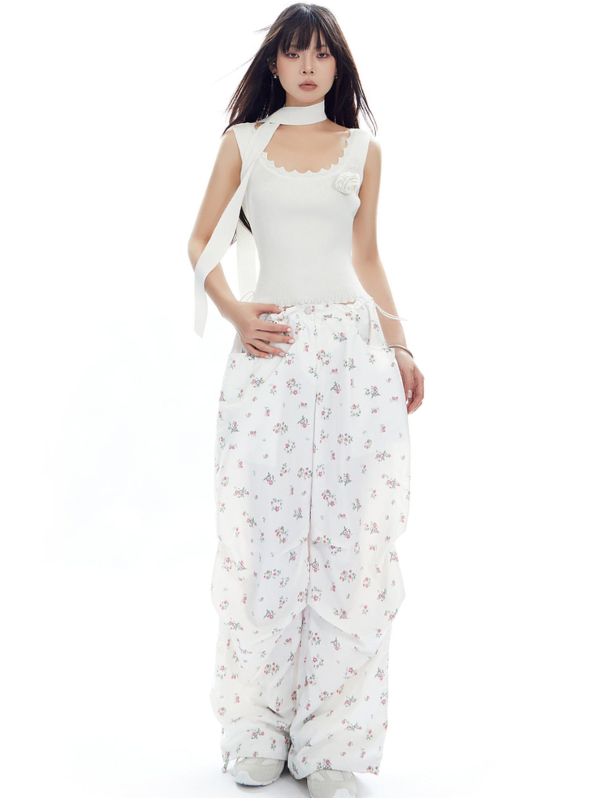 Light Blue Wide-Leg Pants with Butterfly Print