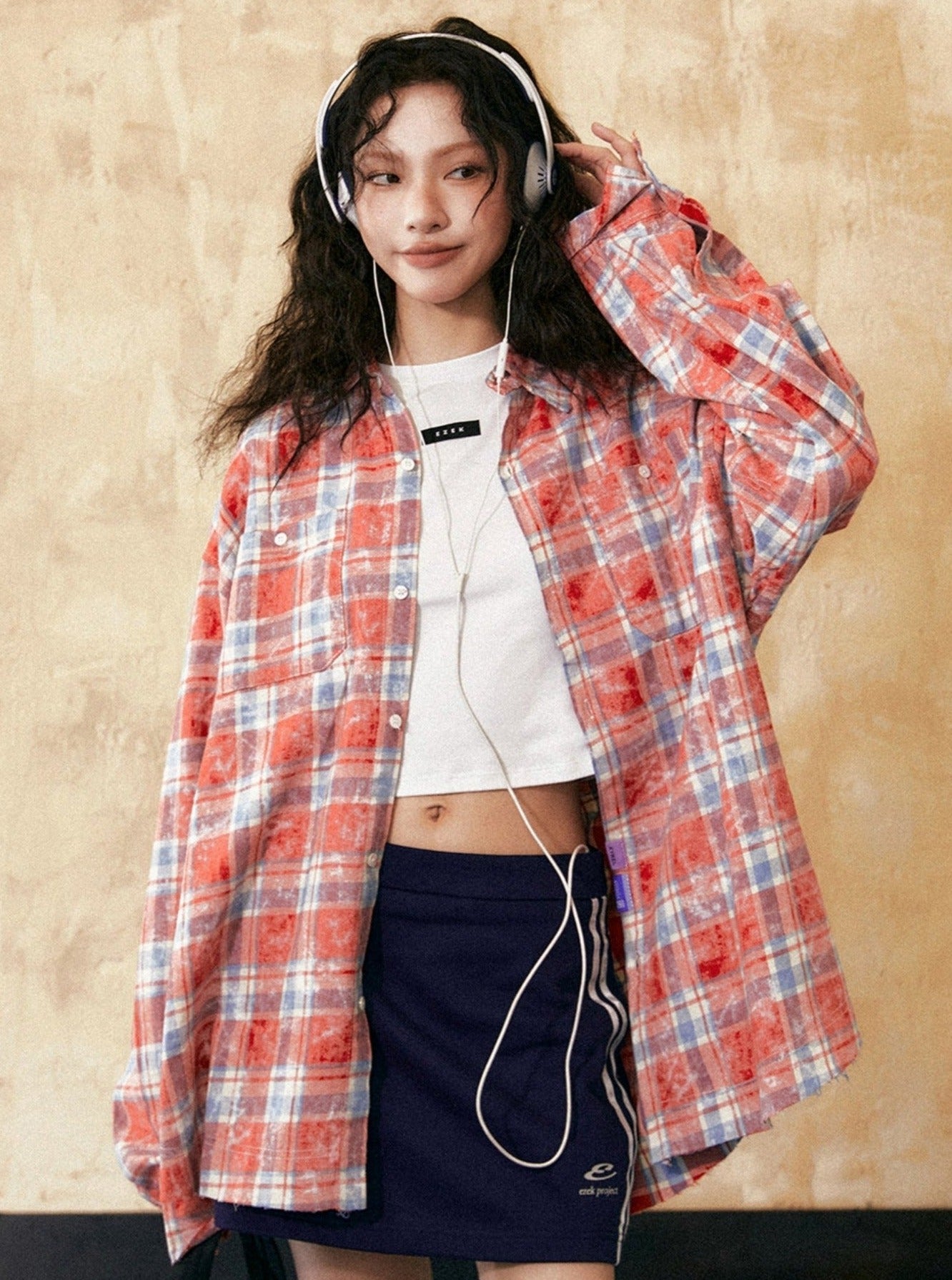 Stitching Contrasting Plaid Long-Sleeved Shirt - chiclara