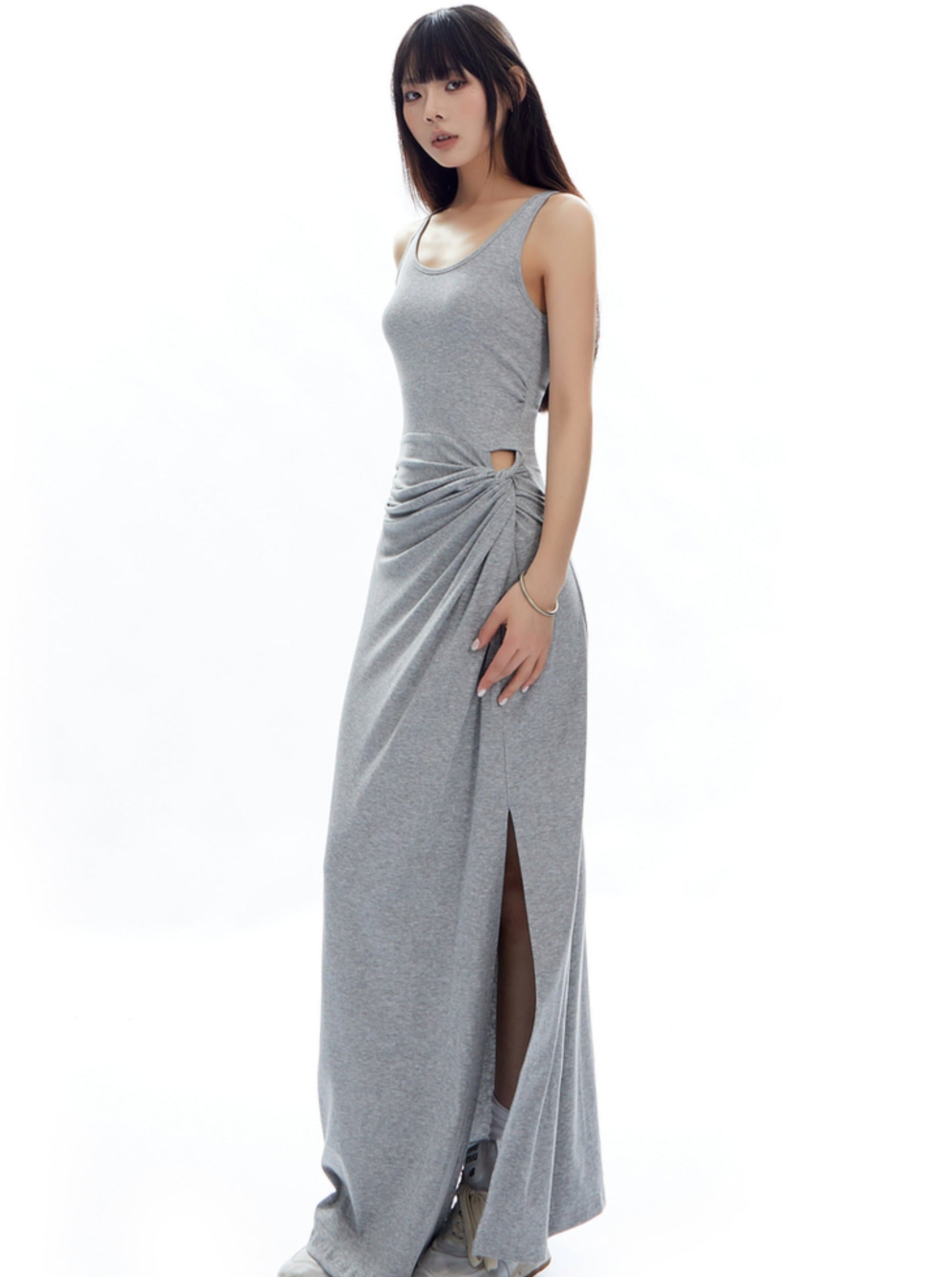 Gray Ruched Side-Slit Maxi Dress