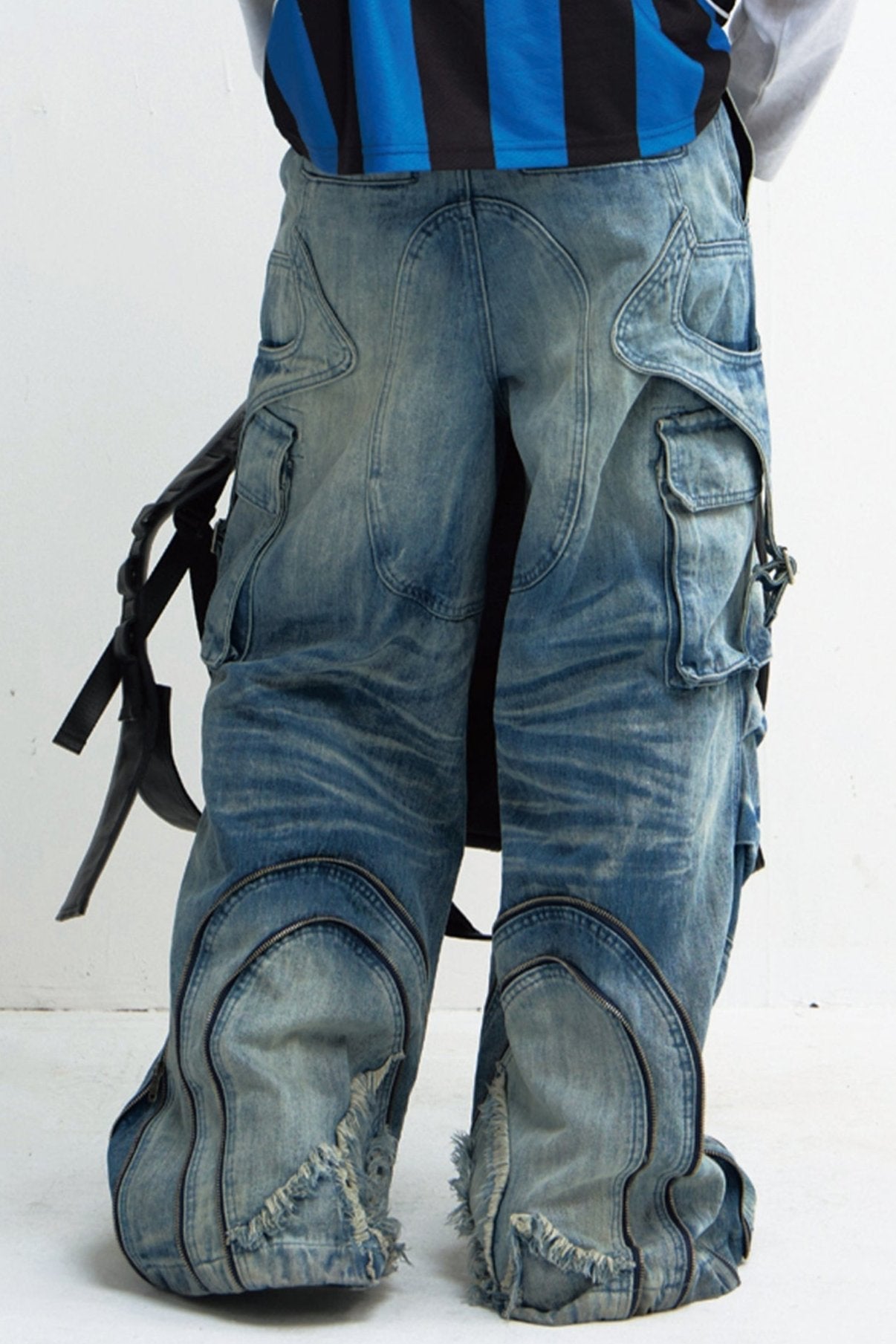 Men's Shaped Breasted Pleated Wide-Leg Jeans