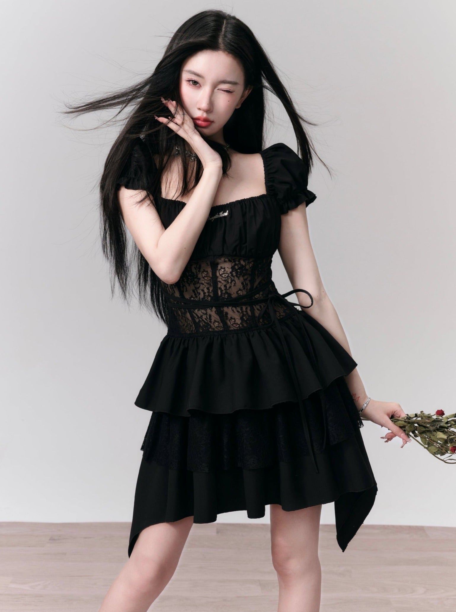 Gothic Lace-Bodice Puff Sleeve Tiered Ruffle Dress