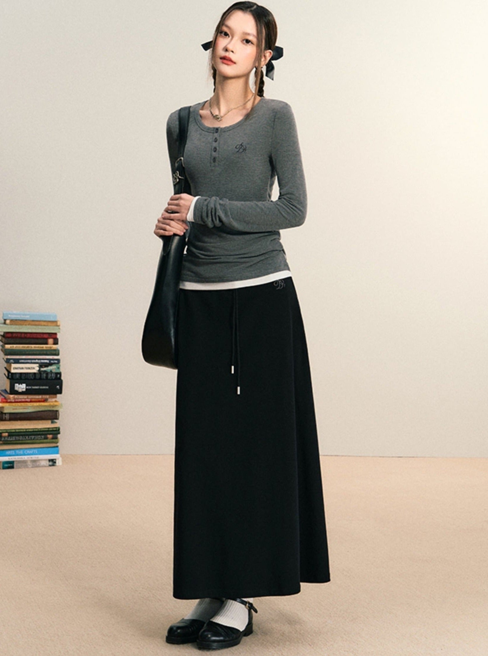 Cozy Comfort Lounge Set - Henley Thermal Top & Flowy Maxi Skirt Duo