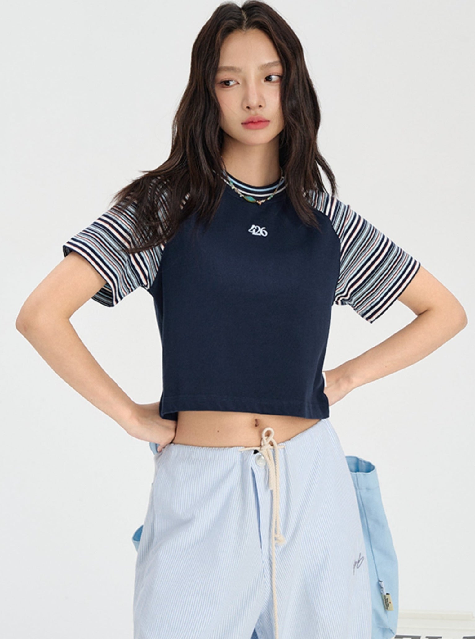 Raglan Sleeve Tee with Stripes - chiclara