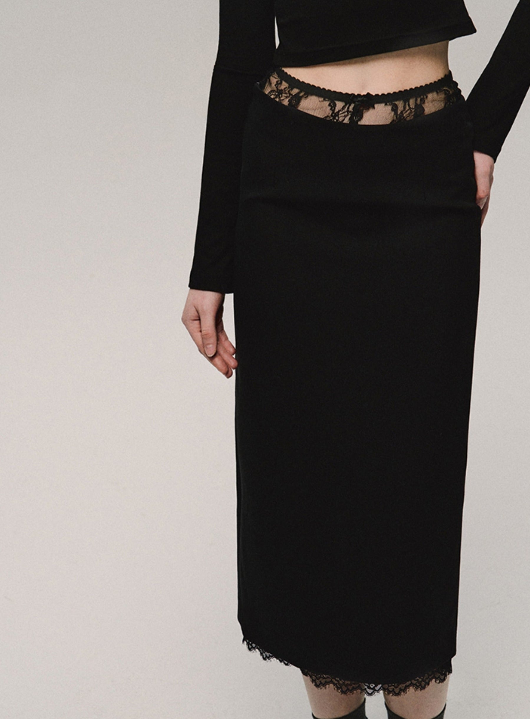 Black Lace Trim Midi Skirt