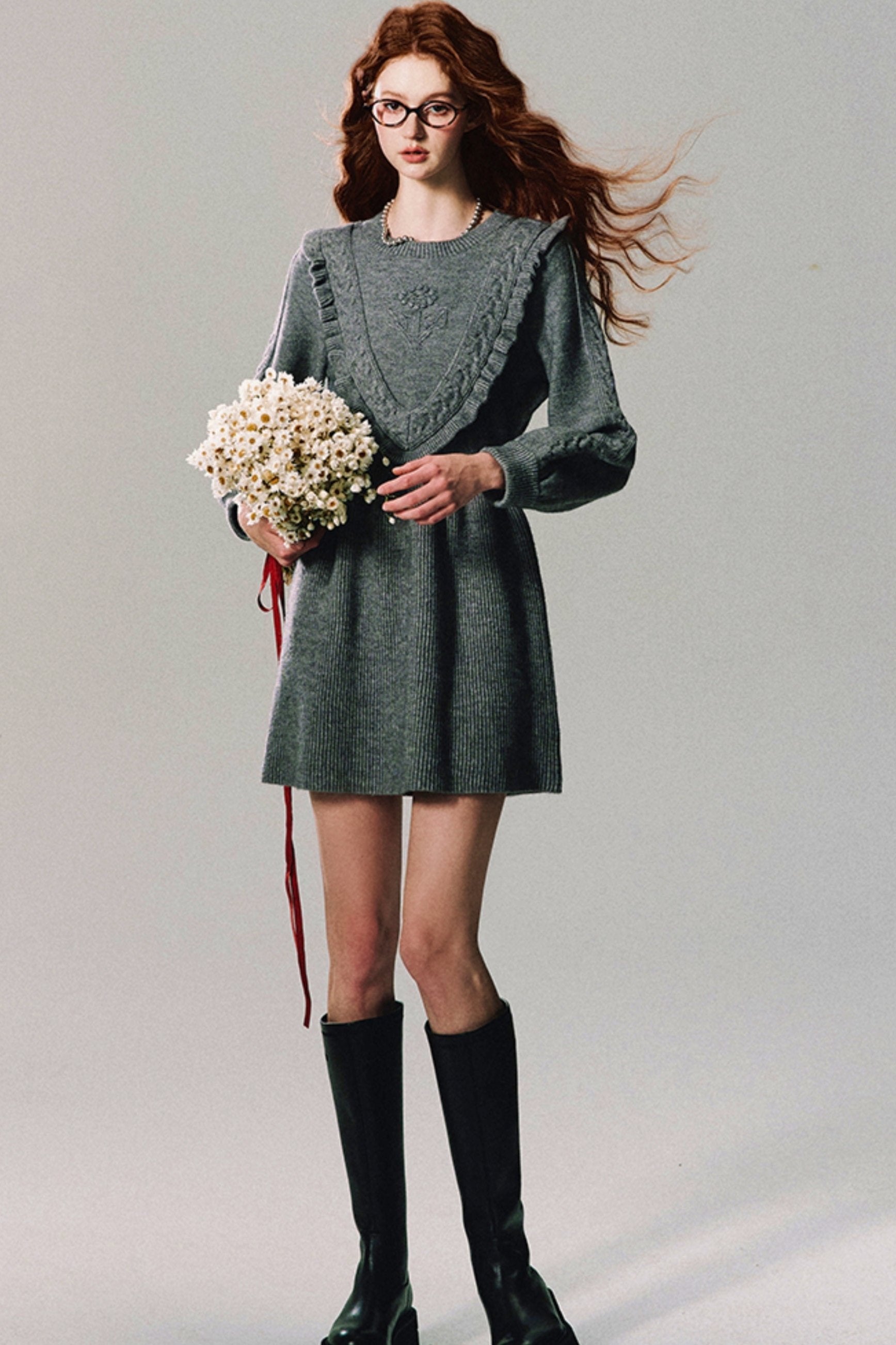 Ruffled Yoke Knit Sweater Dress