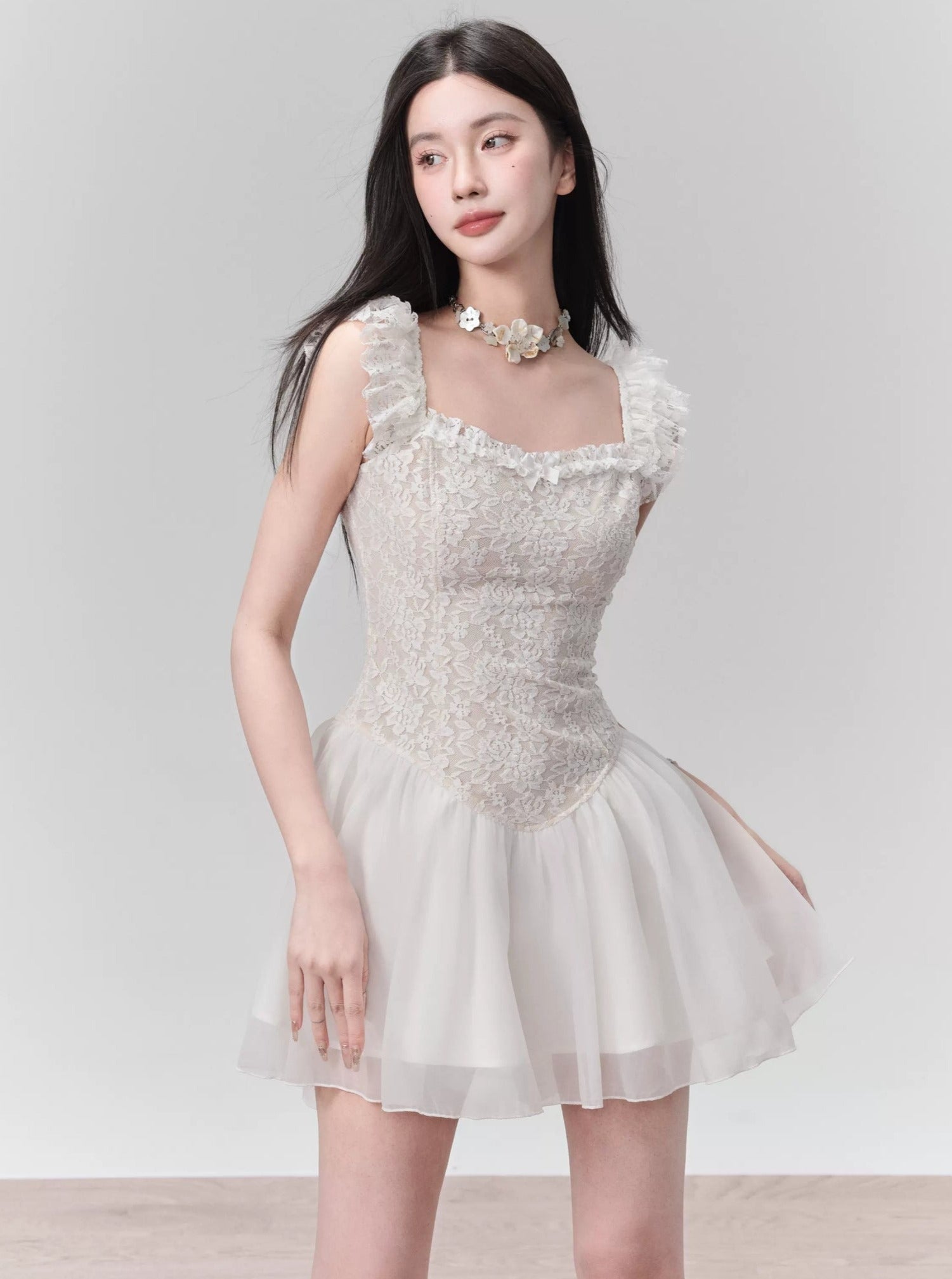 Lace Bodice Tulle Skirt Mini Dress with Ruffle Straps