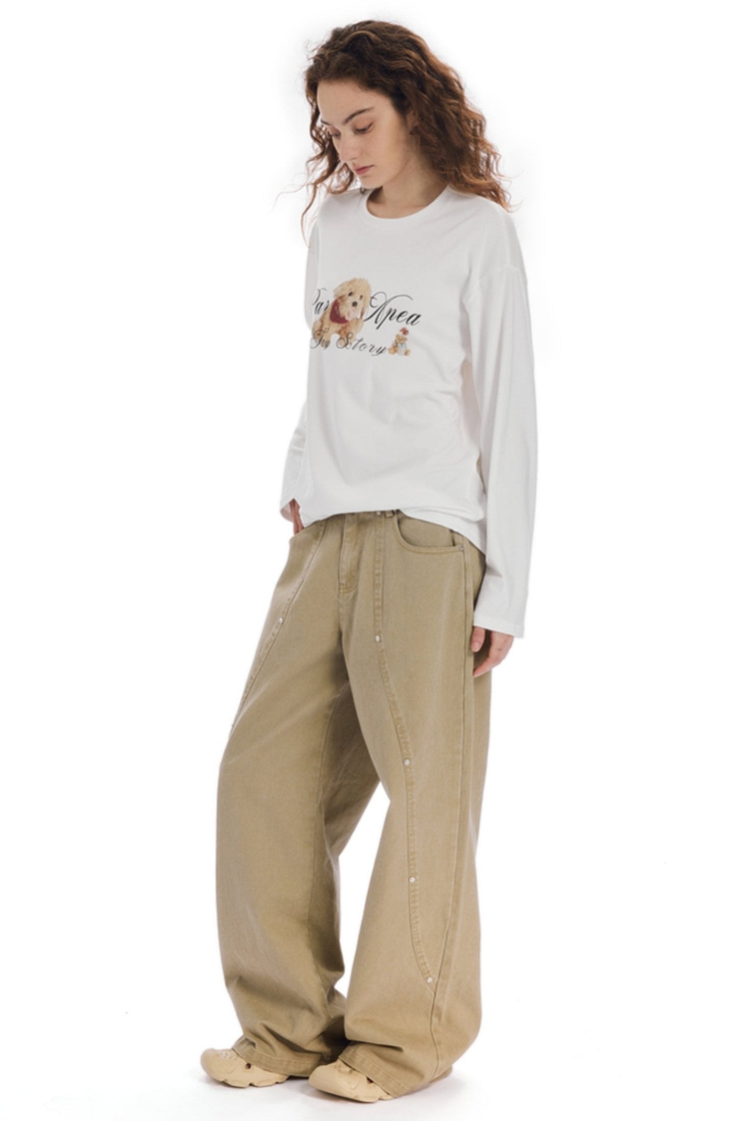 Wide-Leg Khaki Jeans