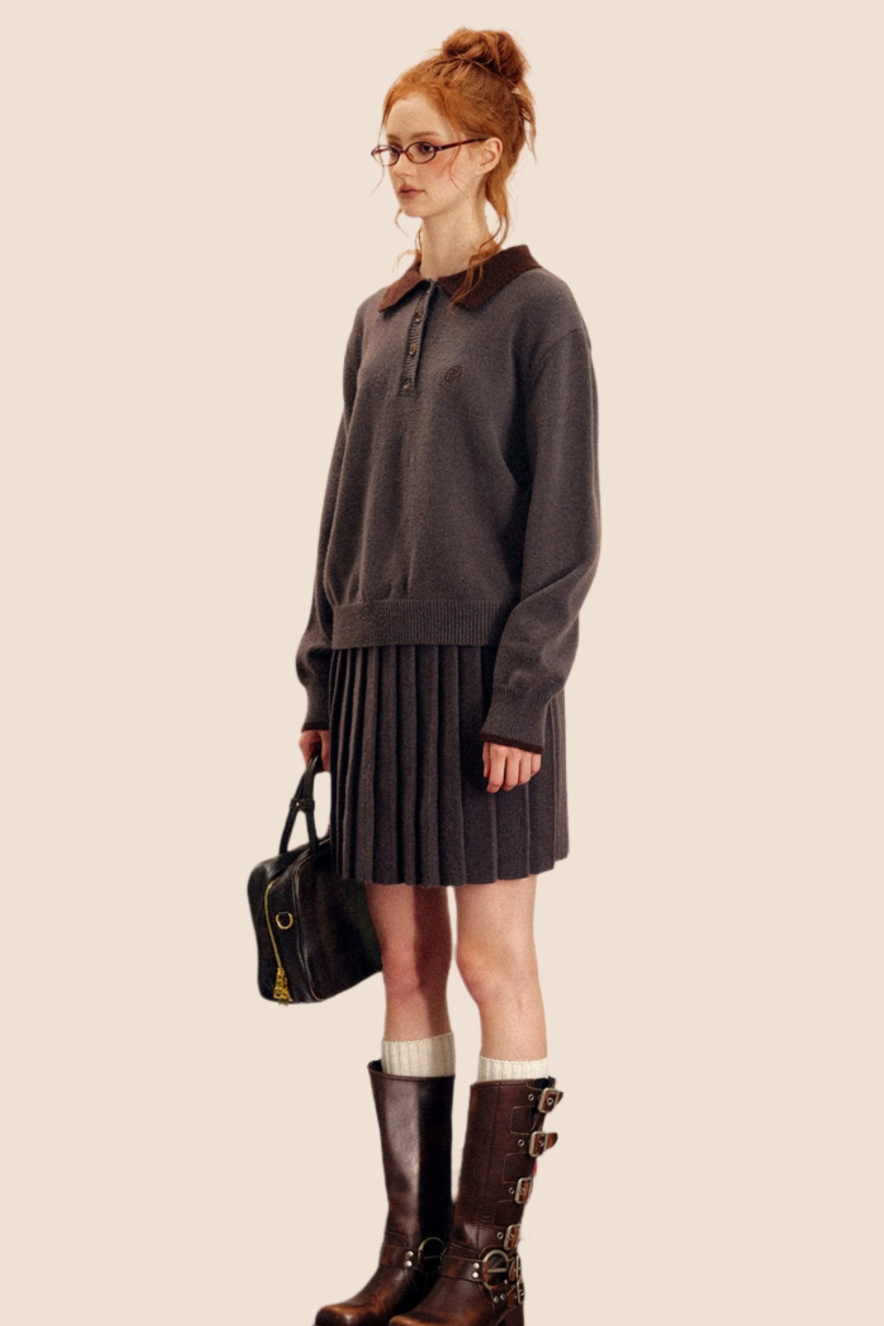 Collared Button Knit Sweater Skirt Set Up